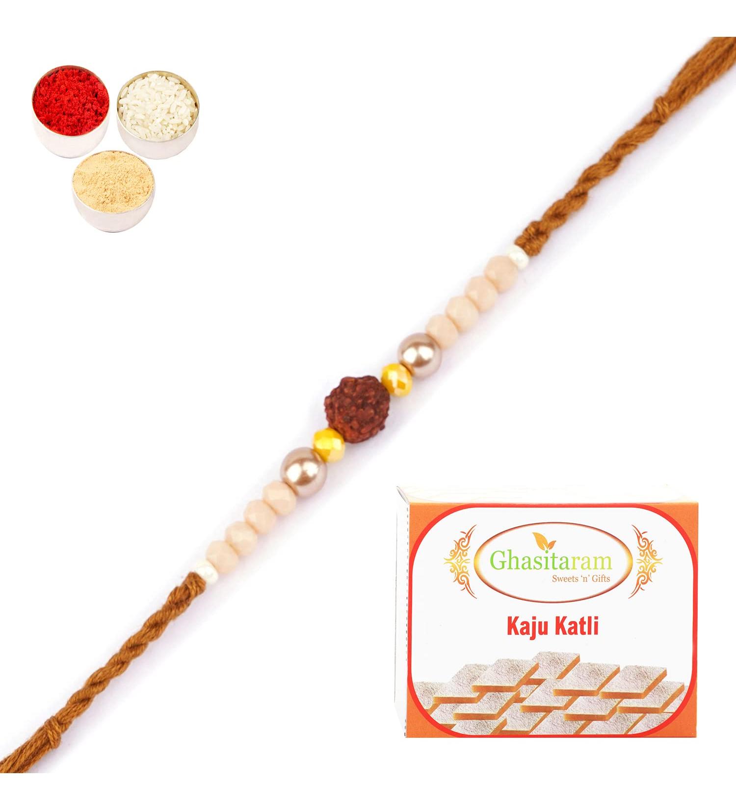 Ghasitaram Gifts Rakhi for Brother Rakhis Online - 1908- Rudraksh Rakhi with 400 GMS of Kaju katli - Buy Online on GoSupps.com