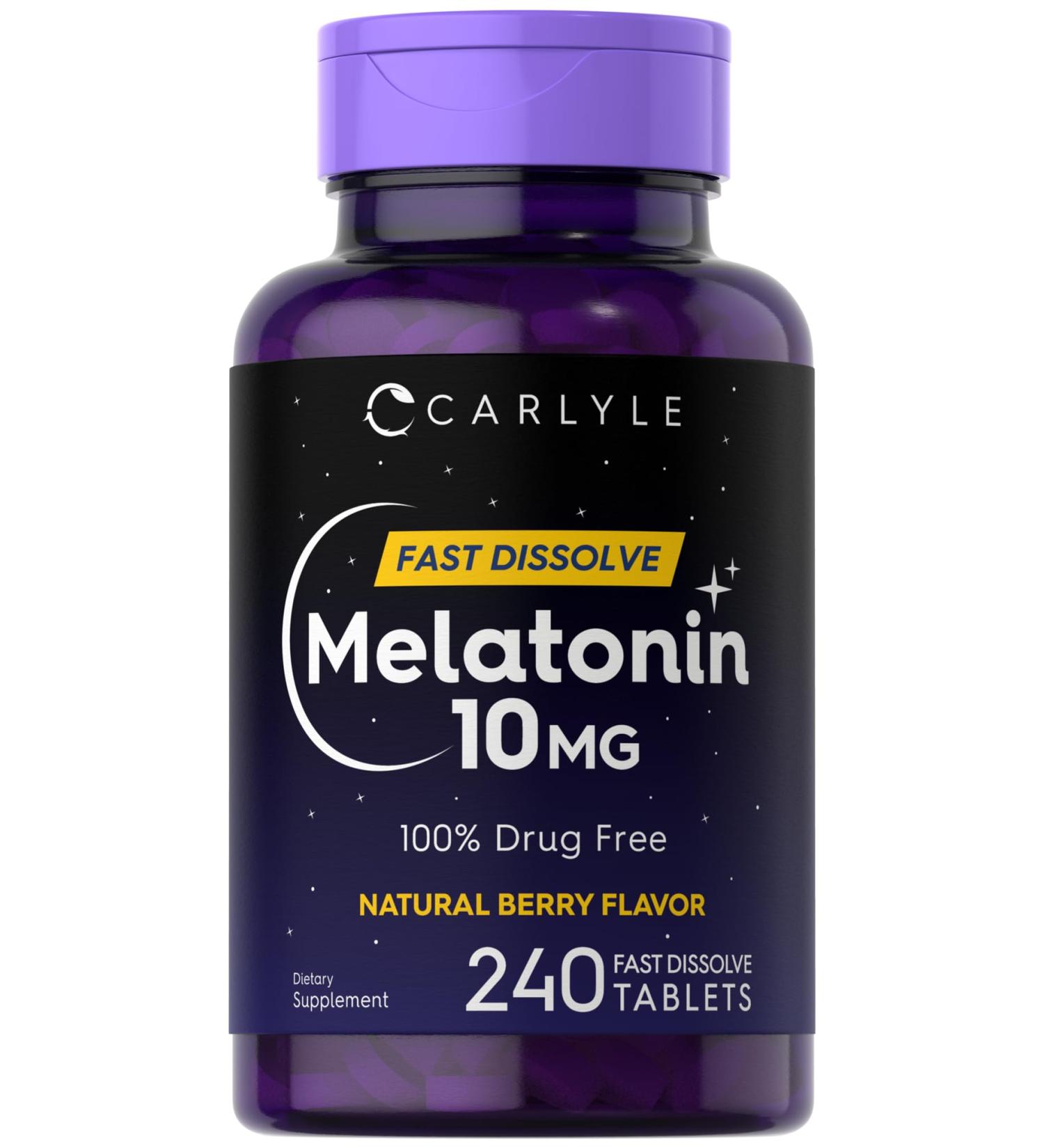 Carlyle Melatonin 10mg | 240 Pills | Berry Flavor | Fast Dissolve Tablets | Drug Free Supplement | Vegetarian Non-GMO Gluten Free - Buy Online on GoSupps.com