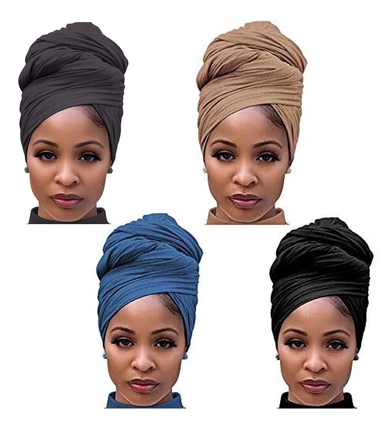 4 Pack Stretch Jersey Turban Head Wrap Scarf Set for Women - African Headwraps in Black, Dark Grey, Light Brown, and Blue - Buy Online on GoSupps.com
