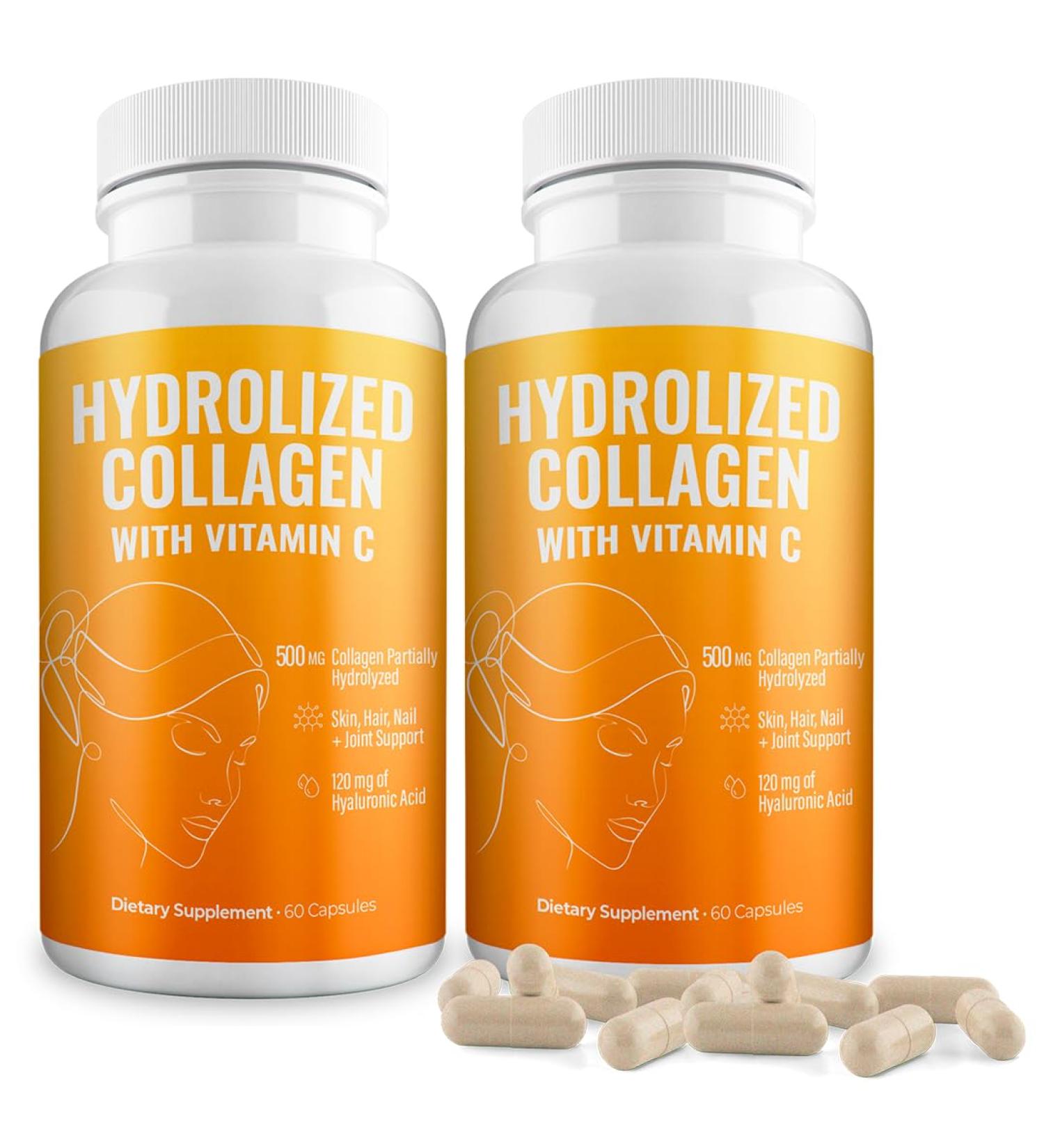 Aura Vitamin Hydrolyzed Collagen with Vitamin C Capsules 500mg Great Energy | Skin Hair and Nail Support | Hyaluronic Acid Pills - 60ct (2) - Buy Online on GoSupps.com