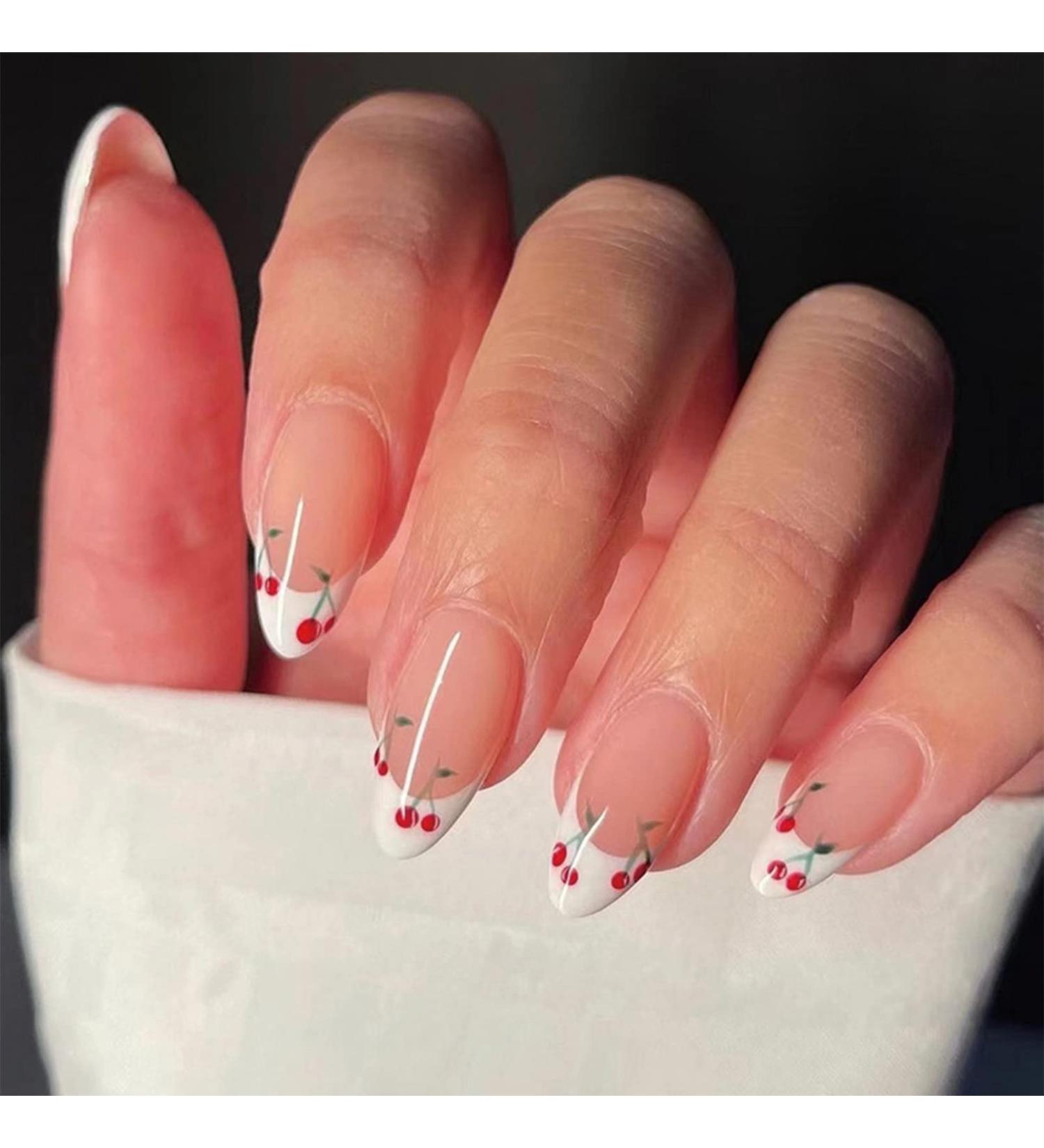 Sweet & Cool Cherry Edge Press on Nails - 24 Pcs Full Cover Artificial False Nails for Women Girls - Buy Online on GoSupps.com