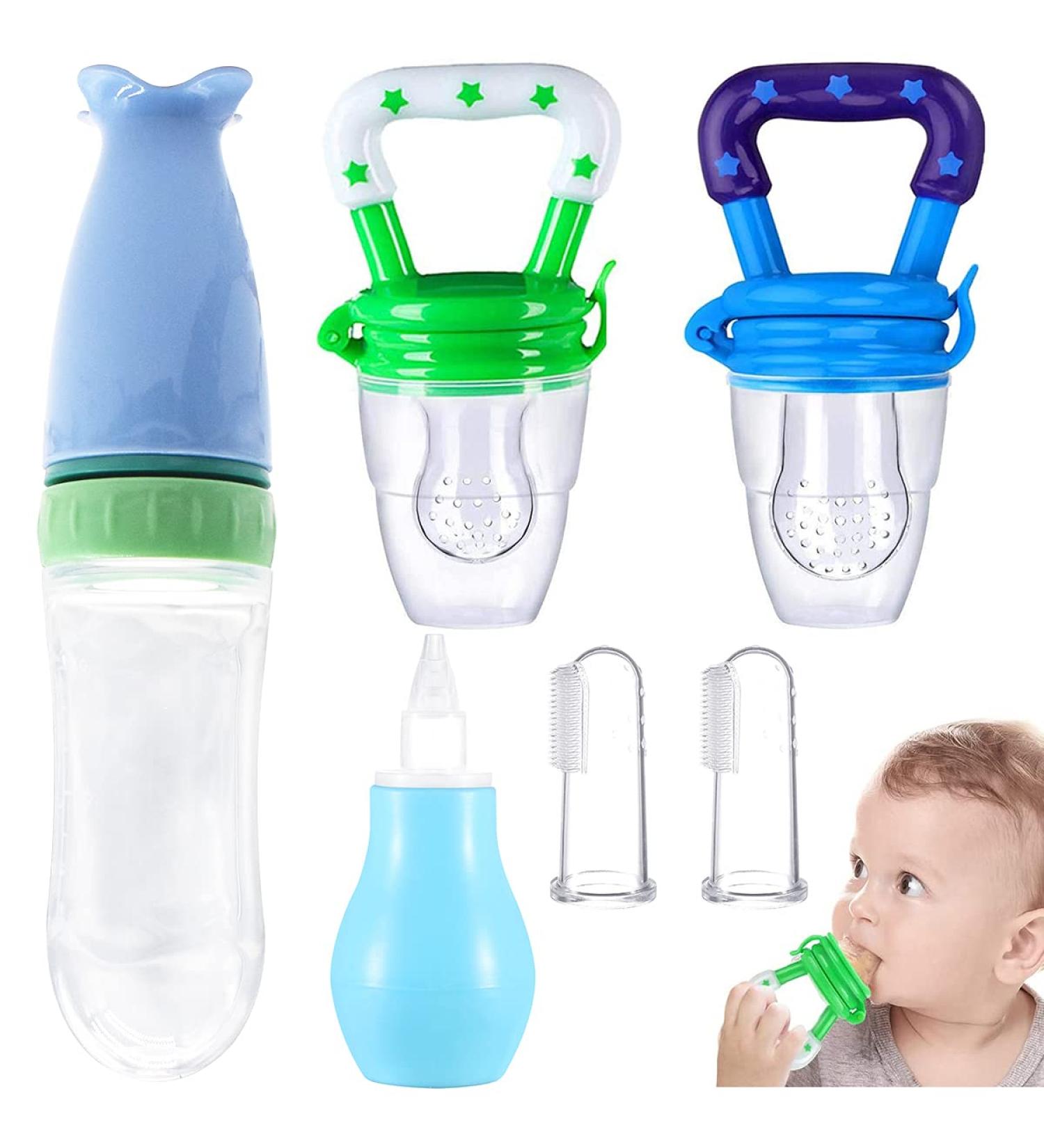 Buy Qixuer Baby Feeding Bundle: Silicone Squeeze Spoons Finger Toothbrush Nasal Aspirator & Fruit Suckers for Healthy Eating - Ships Internationally! - Buy Online on GoSupps.com