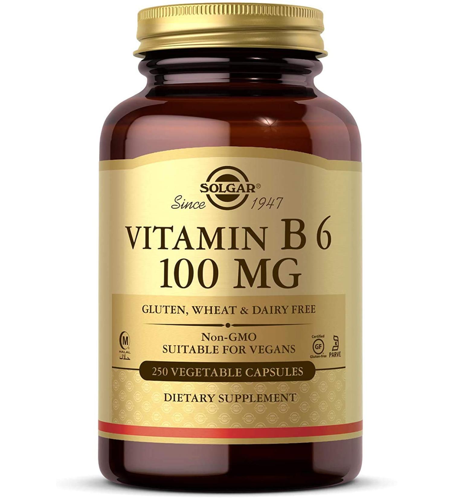 Solgar Vitamin B6 100 mg - 250 Non-GMO Vegetable Capsules for Energy & Mood - Buy Online on GoSupps.com