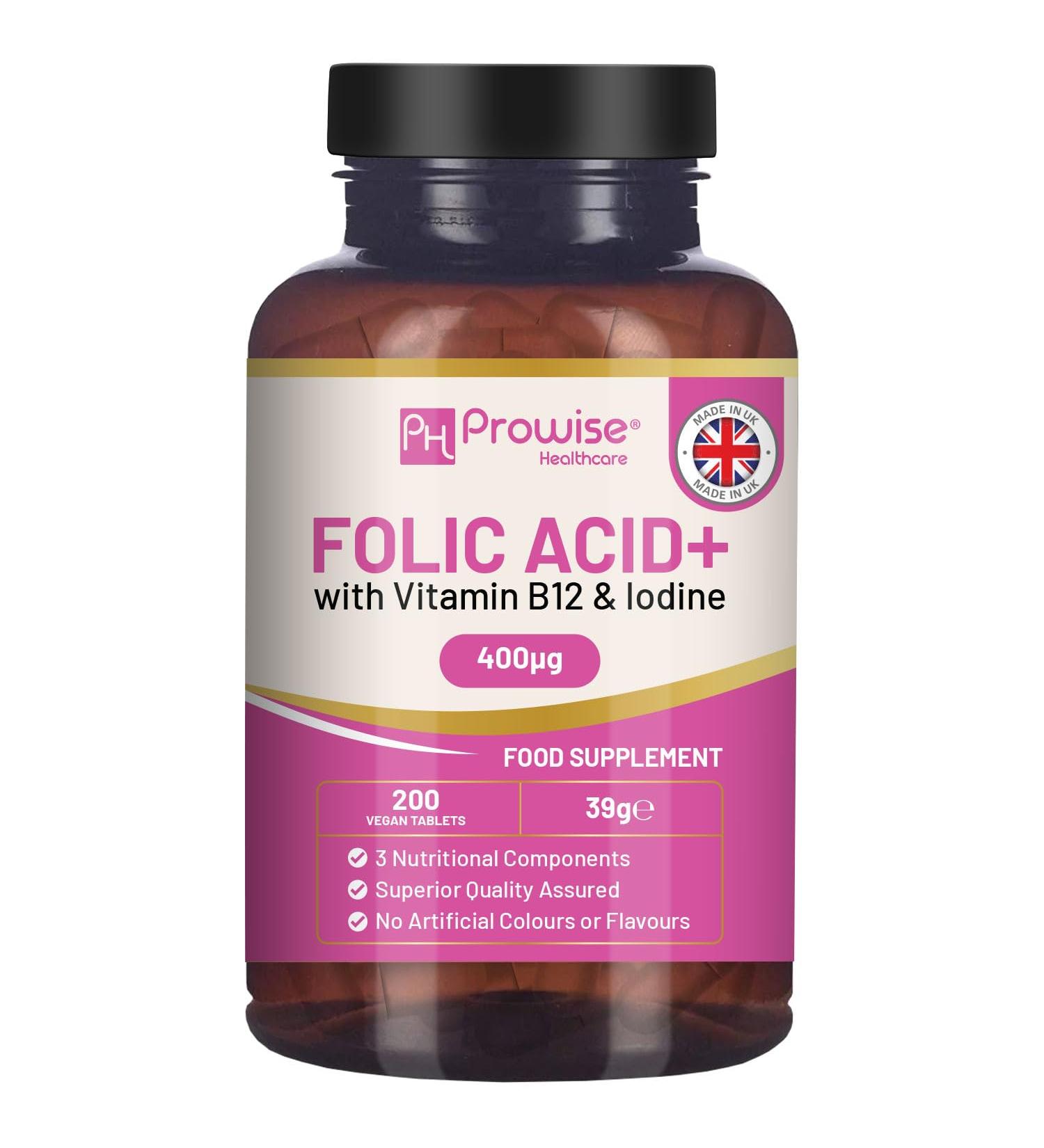 Folic Acid+ 400mcg Vegan Tablets with Vitamin B12 & Iodine | Pregnancy Care Supplement for Immune Support & Maternal Health | Made in UK by Prowise - Buy Online on GoSupps.com