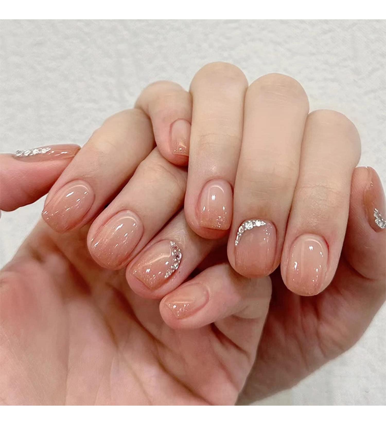 Glossy Nude Pink Short Round Press on Nails with Rhinestone Designs - Women & Girls - Buy Online on GoSupps.com