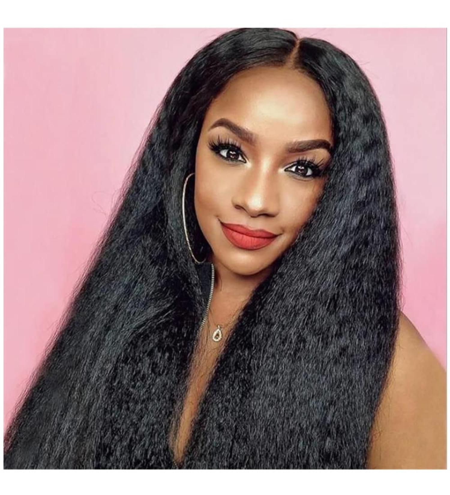 Greenmir Black Lace Front Wigs for Women - 24in Yaki Heat-Resistant Synthetic Hair 13x4 Side Part Lace Wig - Buy Online on GoSupps.com