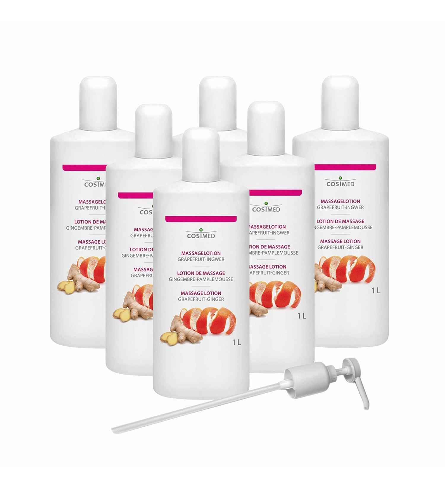 cosiMed massage lotion grapefruit-ginger | Bundle 6 x 1L | economical & easy to handle | Made in Germany | incl. dosing pump