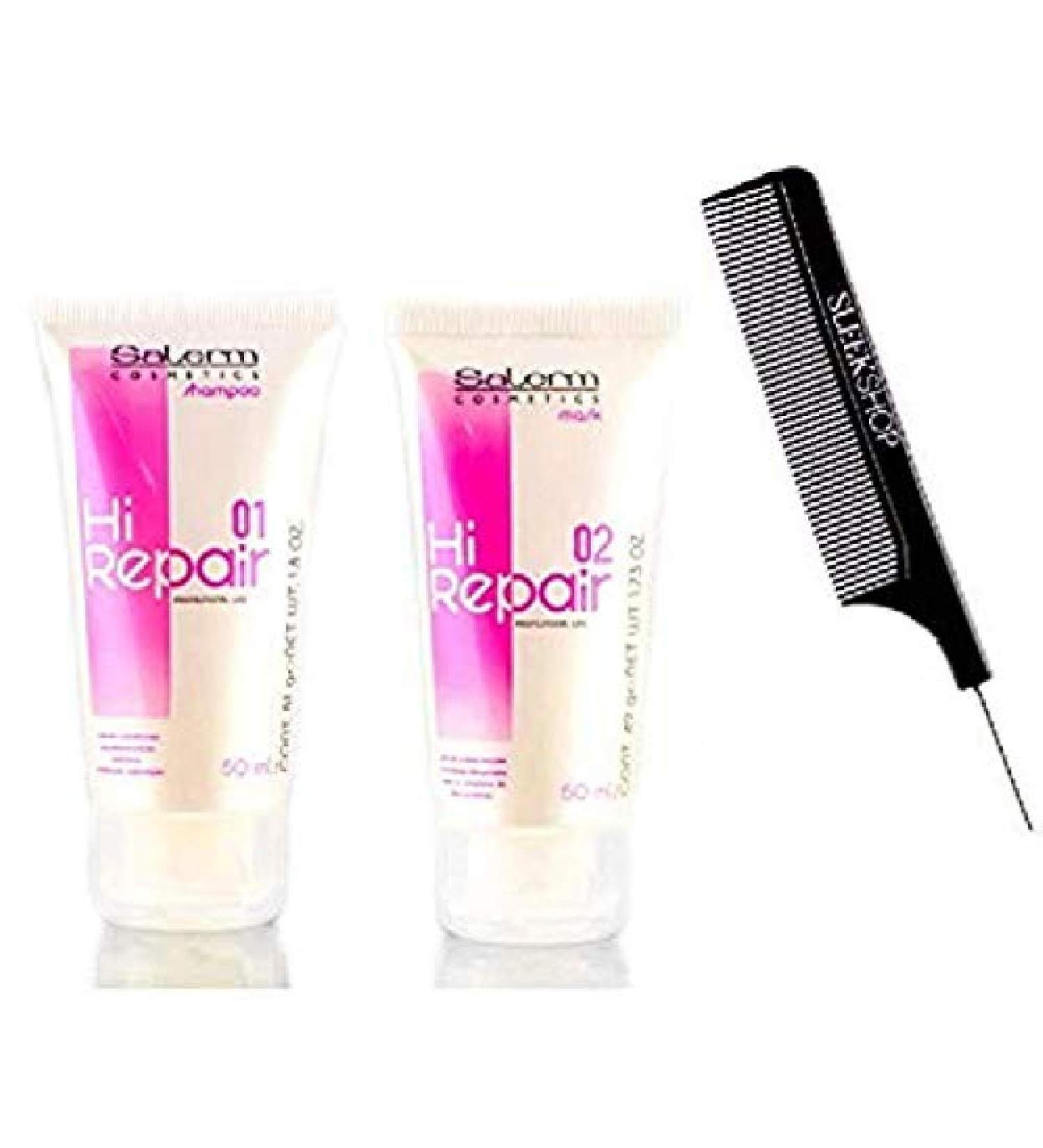 Salerm HI REPAIR Shampoo & Mask Conditioner DUO SET High Repair Damaged Hair for Strong Full Bodied Shine Softness (W/Sleek Comb) Masque (1.73 oz + 1.73 oz - TRAVEL DUO KIT)