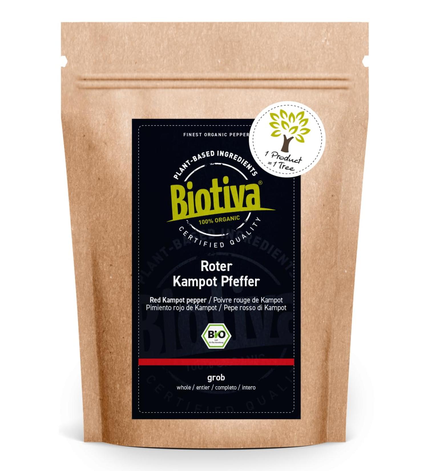 Organic Whole Red Kampot Pepper 100g - Premium Organic Whole Peppercorns - Suitable for Pepper Mills - Aromatic & Slightly Sweet and Spicy - Biotiva - Buy Online on GoSupps.com