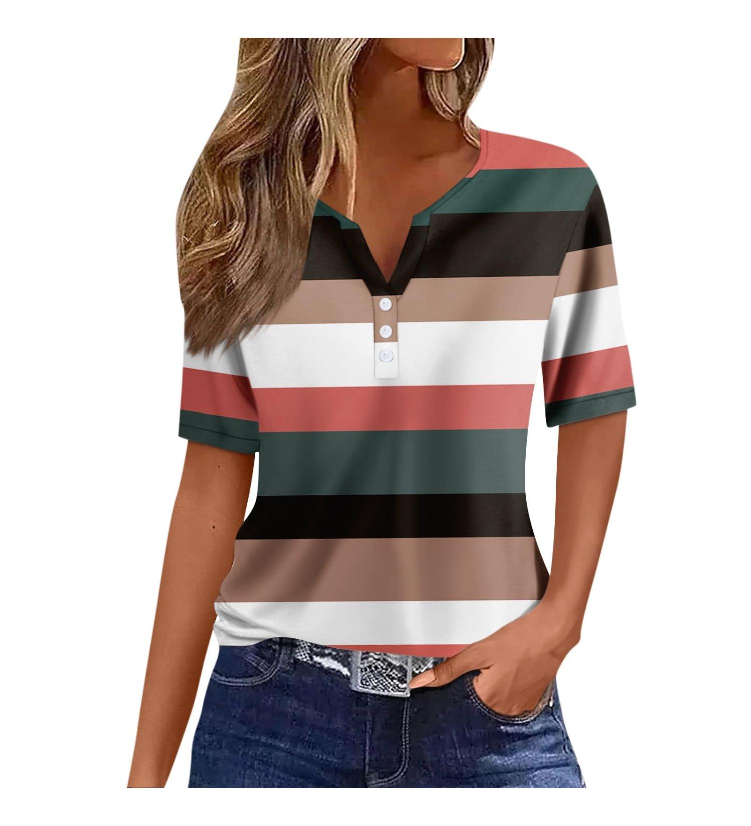 Women's Striped V-Neck Henley T-Shirt - Oversized Casual Blouse | Trendy Aesthetic Tunic in Light Pink - Buy Online on GoSupps.com