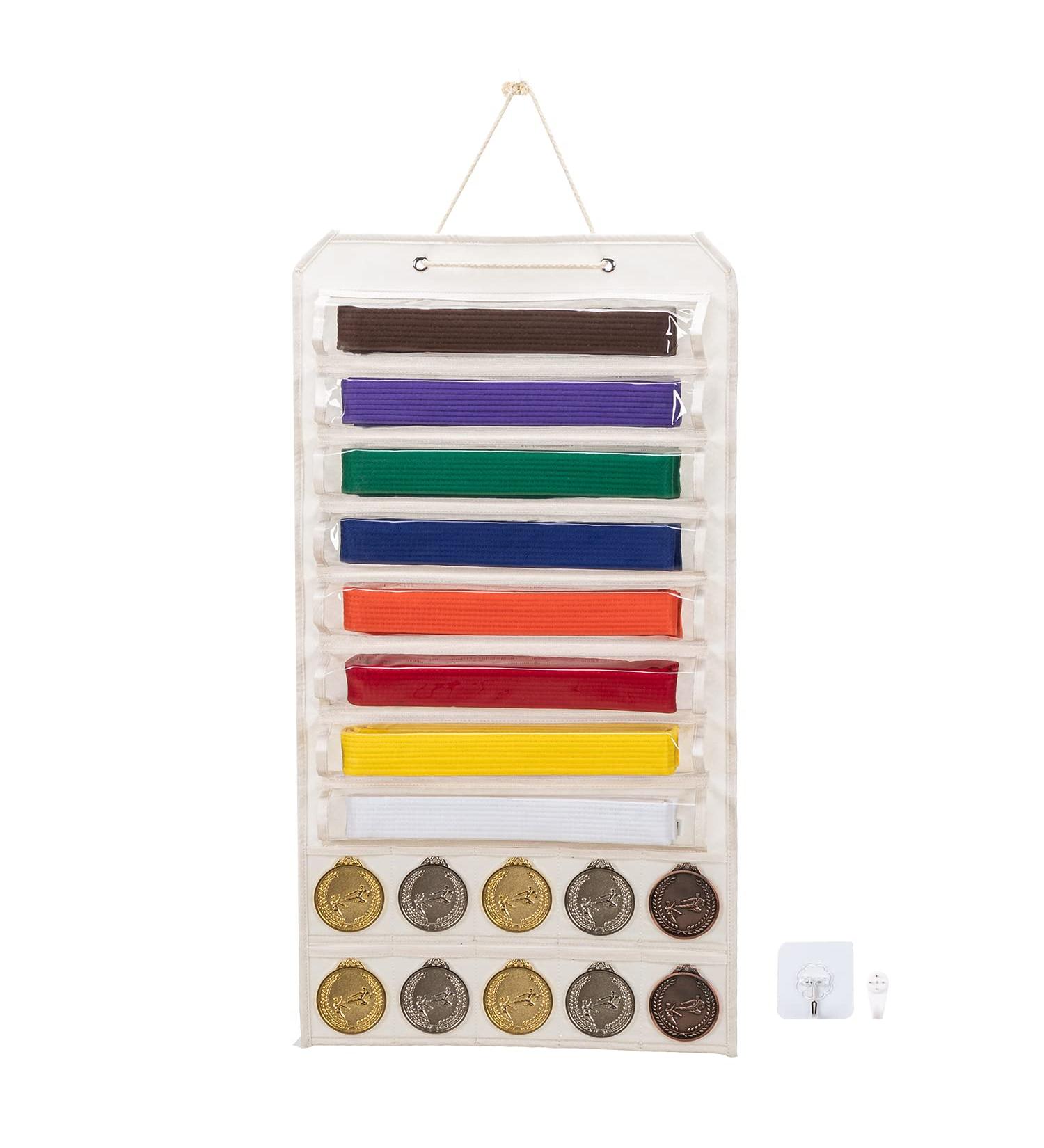 VISEMAN Taekwondo Belt Display Karate Martial Arts Belt Holder with Leather Edge Wall Hanging Display for 8 Belts Hold 10 Medals White - Buy Online on GoSupps.com