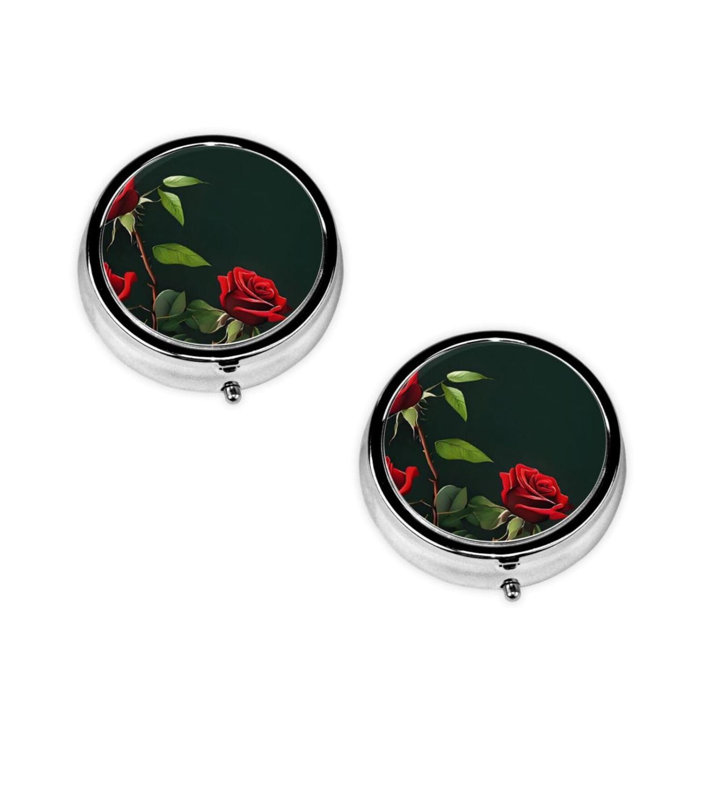 Red Roses Round Pill Box | 3 Compartment Mini Decorative Travel Organizer for Vitamins & Medications - Buy Online on GoSupps.com
