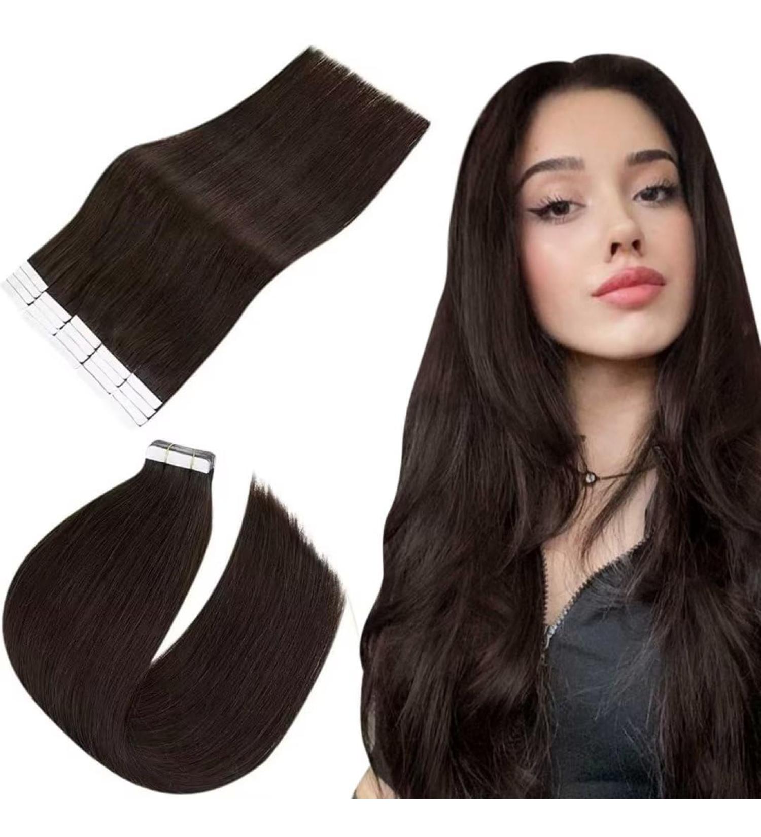 EASYOUTH Darkest Brown Tape in Human Hair Extensions 16 Inch - 20Pcs 40g #2 - Buy Online on GoSupps.com