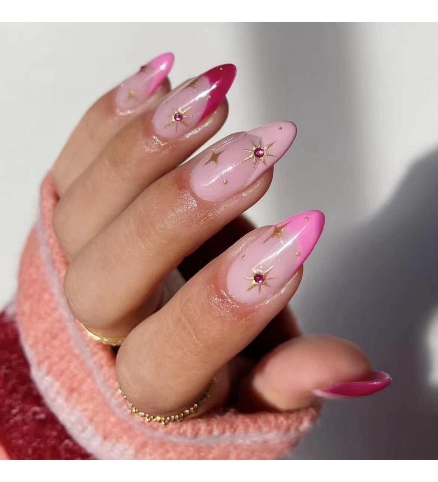 Justotry 24 Pcs Stiletto False Nails Medium - Pink & Red French Press on Nails | Nail Art Fake Nails with Glue for Women - Buy Online on GoSupps.com