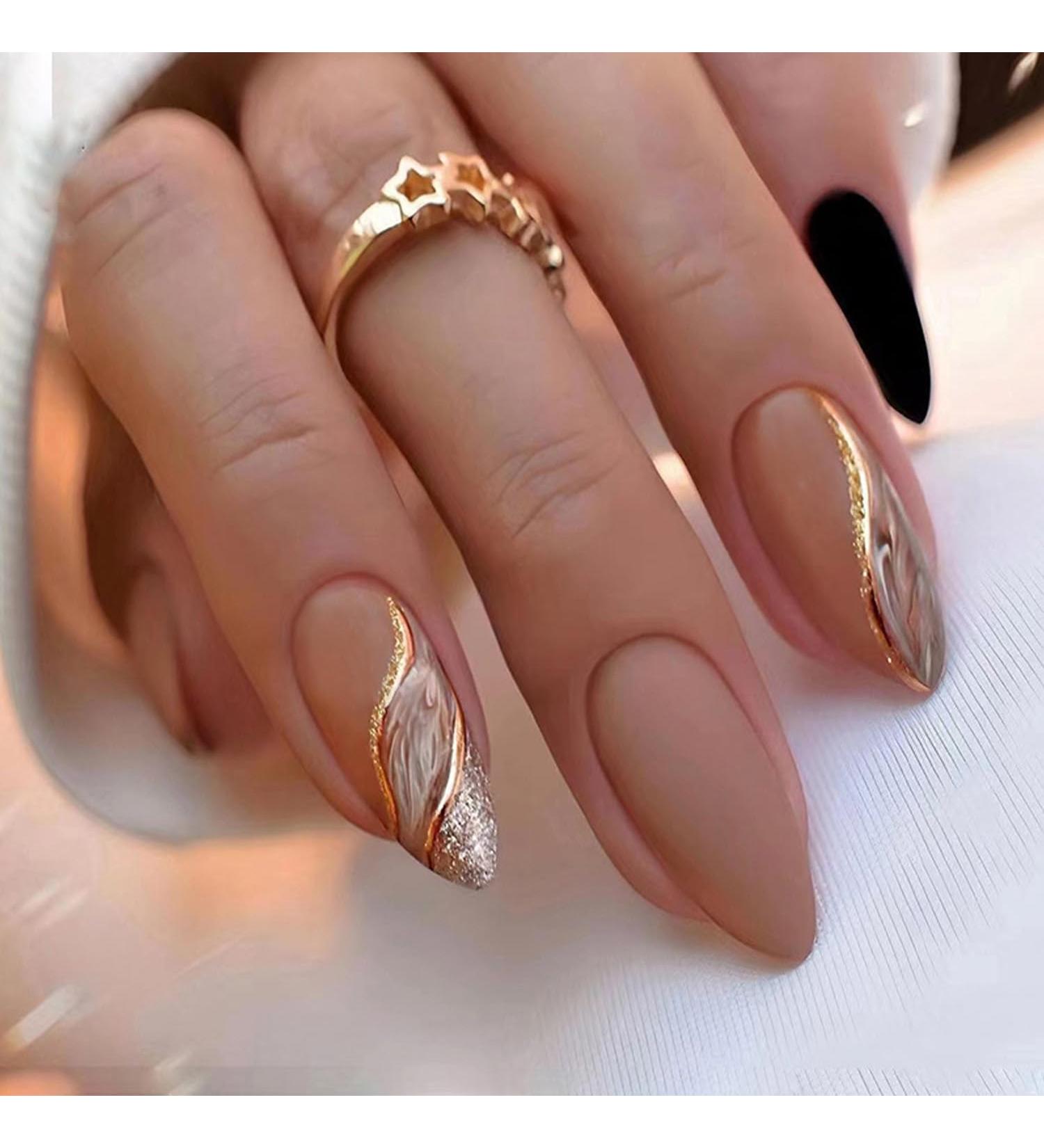 24 PCS Marble Press on Nails - Glossy Brown Glitter & Gold River Design | Sparkly Acrylic Medium Almond Fake Nails for Women & Girls - Buy Online on GoSupps.com
