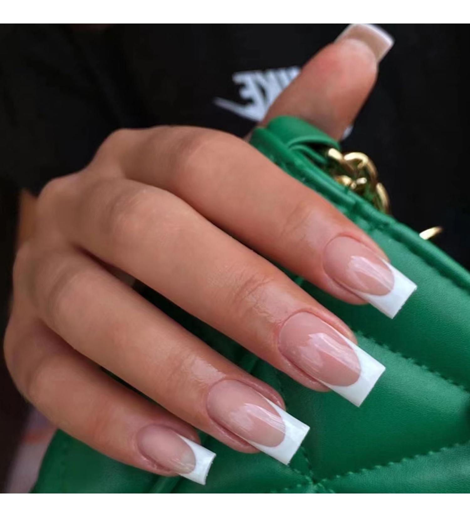 Ceboic 24pcs Short French Press on False Nails - Glossy White Border, Acrylic Full Cover Stick on Nails for Women and Girls - Removable & Adhesive Tabs Included - Buy Online on GoSupps.com