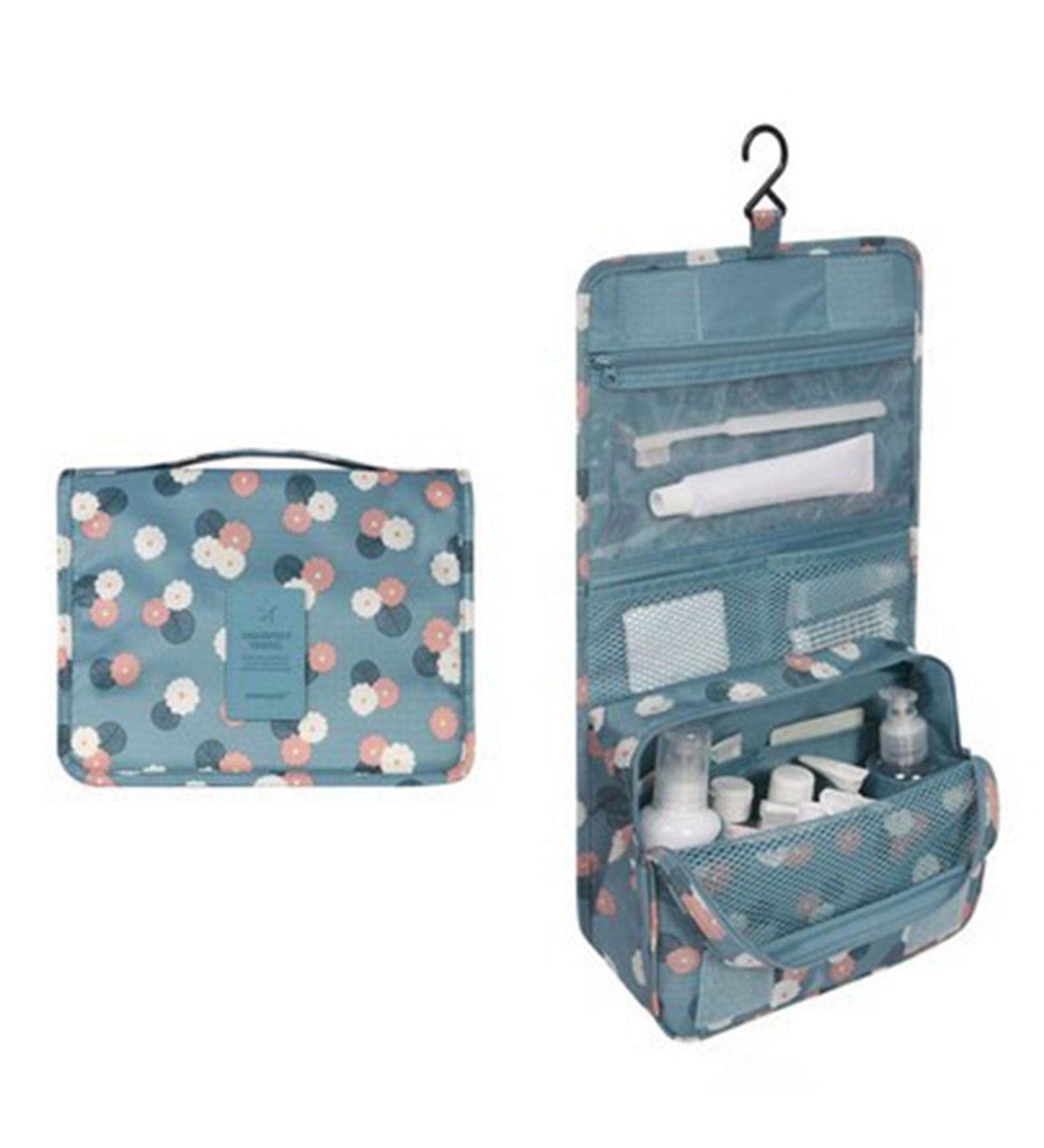 Travel Hanging Toiletry Bag for Women - Waterproof Cosmetic Organizer with Blue Flowers Design - Buy Online on GoSupps.com