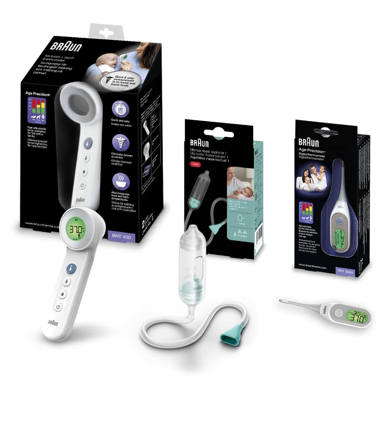 Braun Healthcare Baby Kit: No Touch + Touch Forehead Thermometer, Nasal Aspirator, Stick Thermometer - Health Essentials for Home and On the Go - Buy Online on GoSupps.com