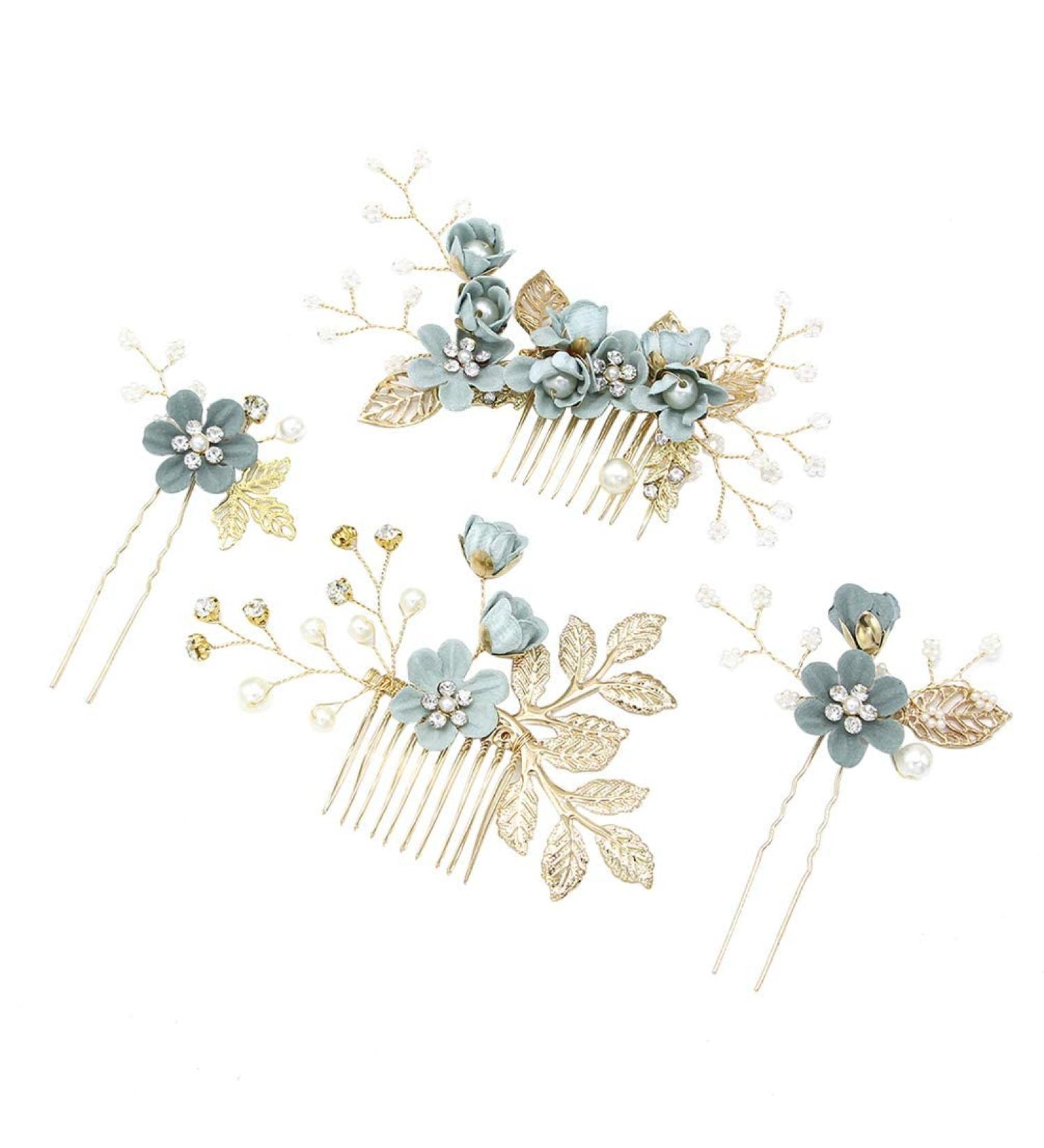 4-Piece Gold Wedding Hair Comb Set | Pearl & Rhinestone Bridal Accessories | Elegant Hair Clip for Bride & Bridesmaid - Green - Buy Online on GoSupps.com