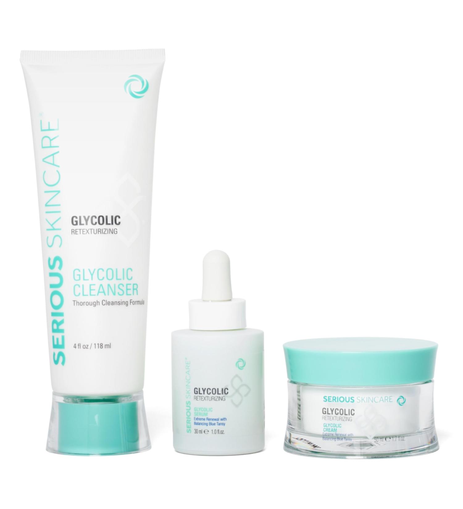 Serious Skincare Glycolic Renewal Set - Retexturizing Serum Moisture Cream & Cleanser for Lines Wrinkles & Pores - International Shipping Available - Buy Online on GoSupps.com