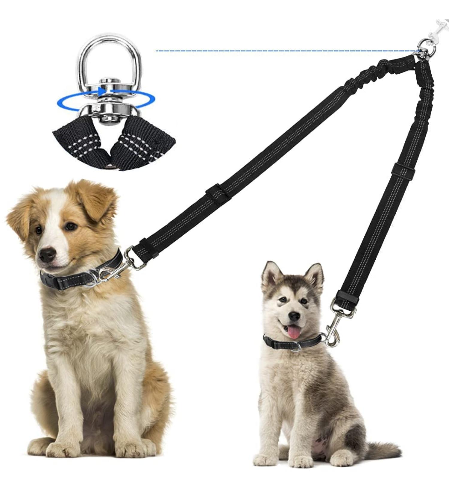 Kelivi Double Dog Lead Coupler - No Tangle 360 Swivel, Adjustable Bungee Reflective Dual Leash for Medium Large Dogs - Black - Buy Online on GoSupps.com