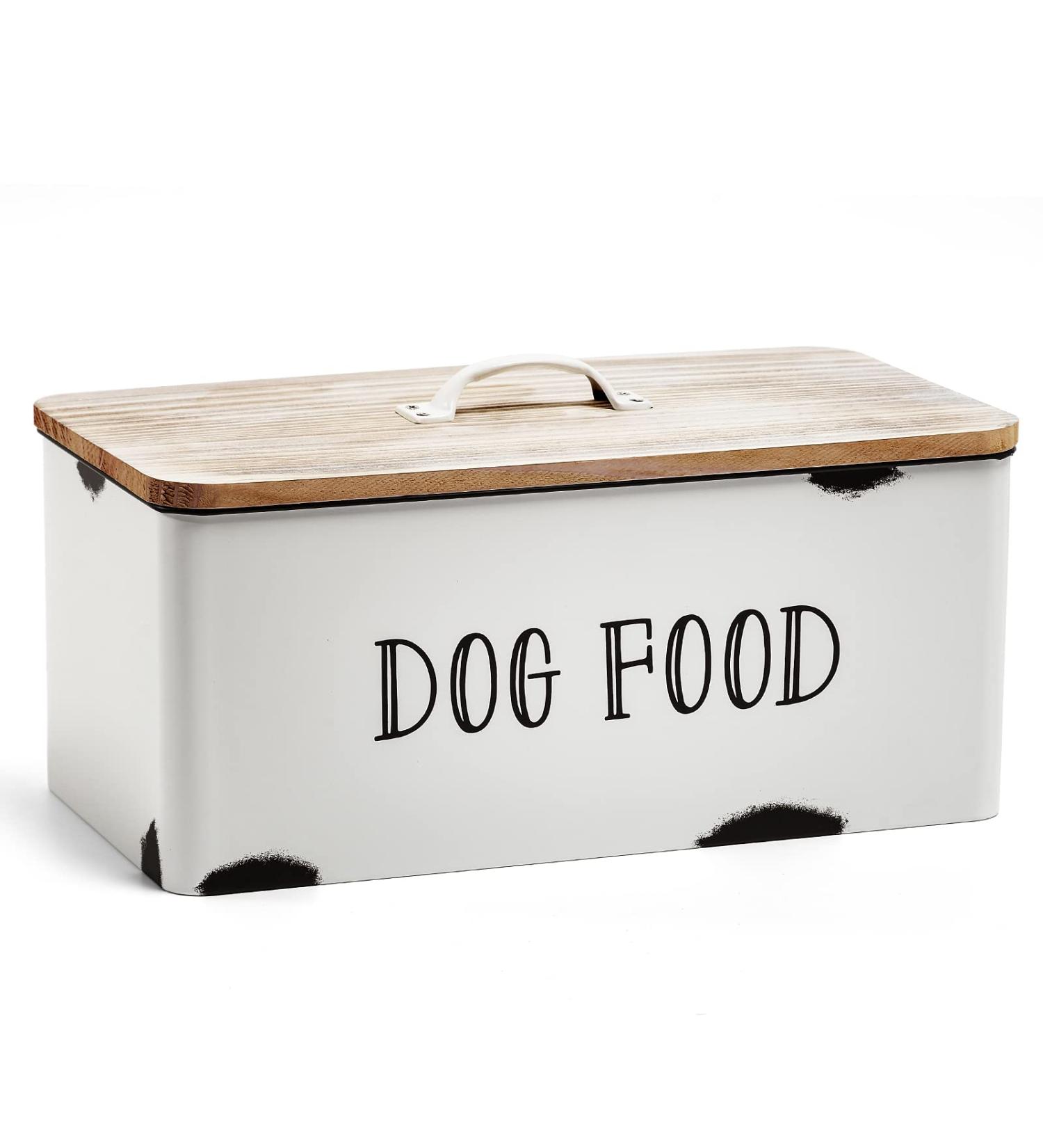 JIAYUAN Farmhouse Dog Food Storage Container | White Tin Pet Food Canister Bin with Wood Lid for Dogs - Rustic Design - Buy Online on GoSupps.com