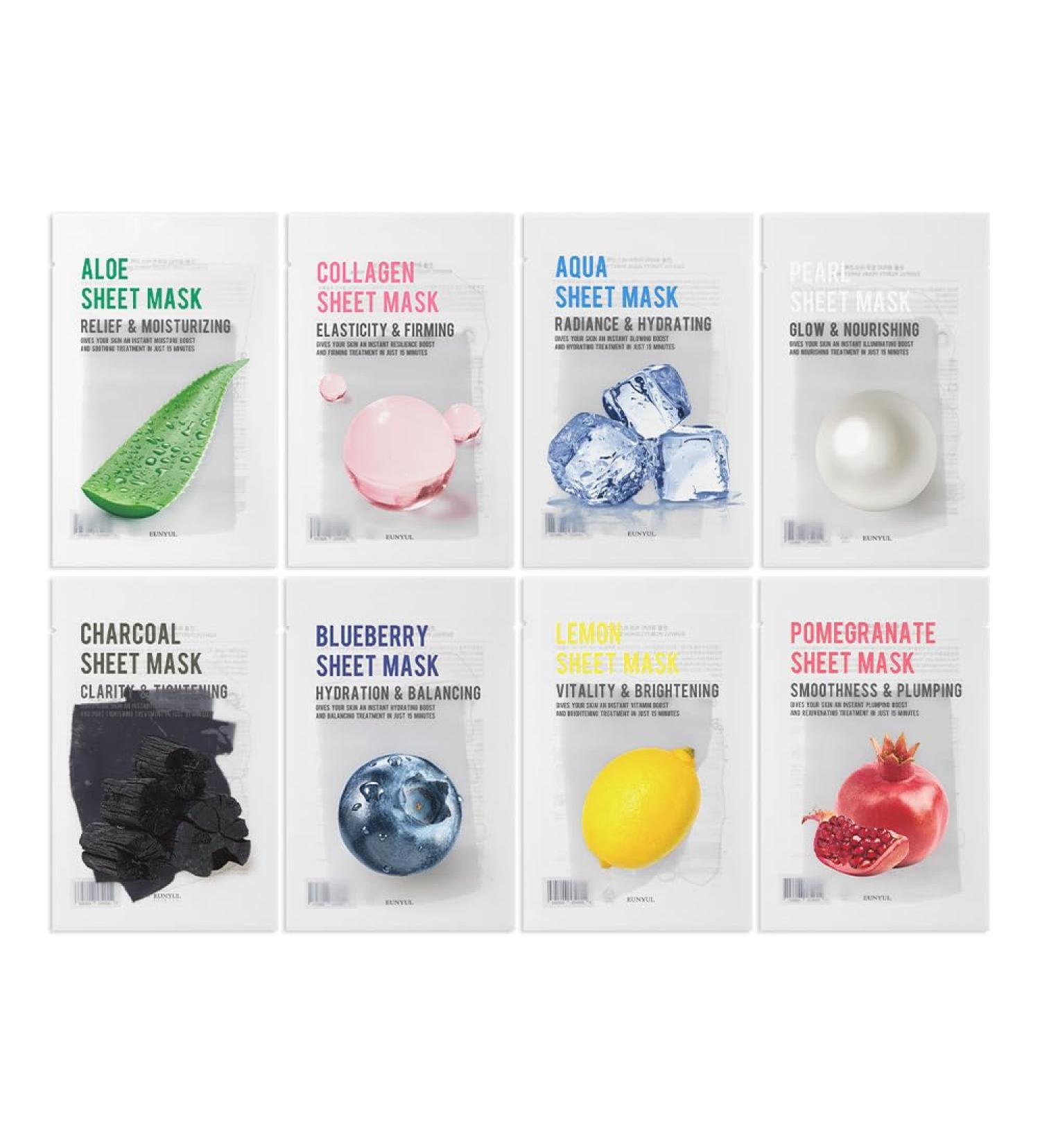 EUNYUL Purity Sheet Mask Variety Pack 40 Count (8 Types x 5 Sheets) Hydrating & Nourishing Korean Face Masks with Aloe Charcoal Collagen Lemon Pomegranate Pearl Blueberry Aqua 1 Count (Pack of 40) - Buy Online on GoSupps.com