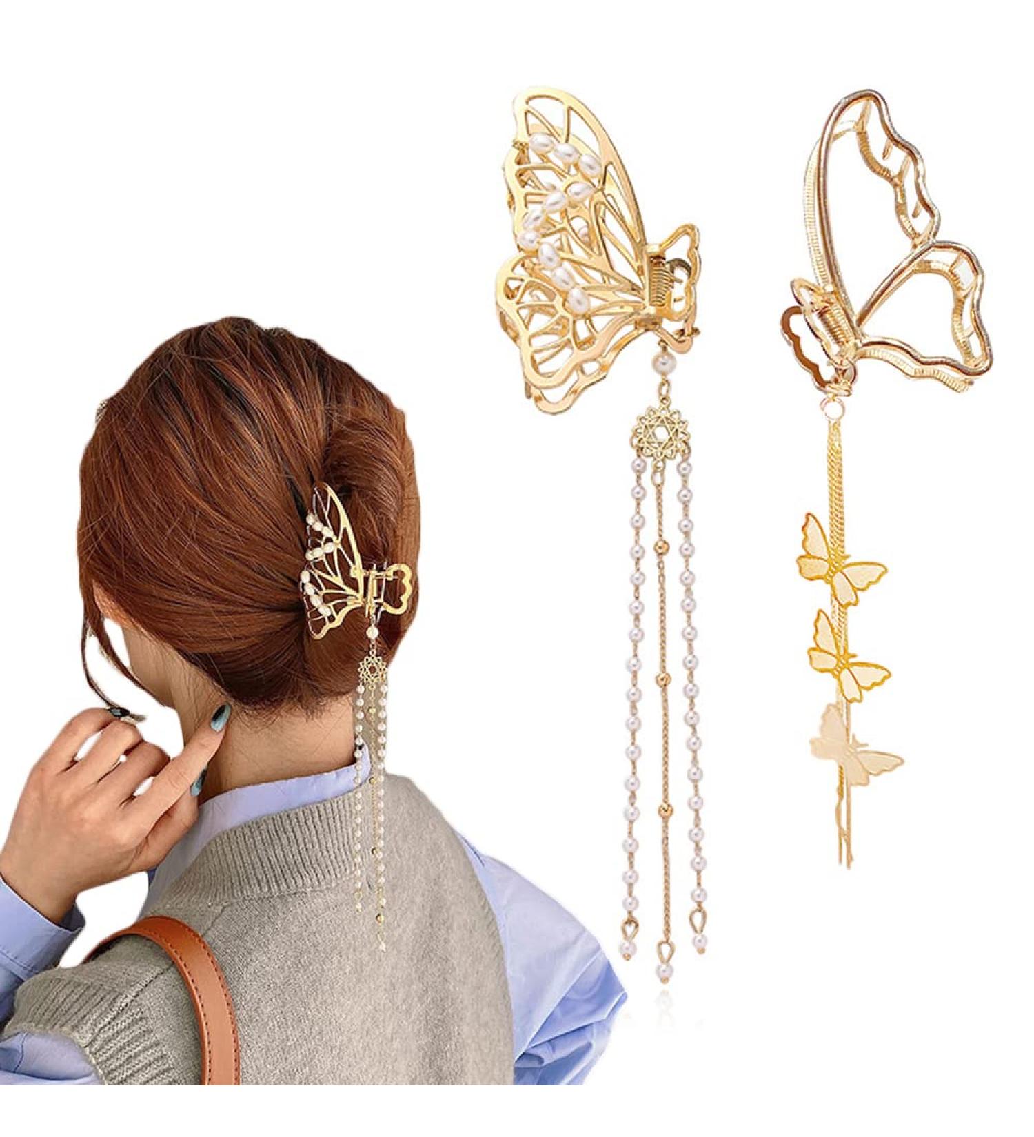 Golden Butterfly Hair Clips Set - Large Nonslip Hair Clamps with Tassel Design - Stylish Metal Barrettes for Women (2PCS) - Buy Online on GoSupps.com