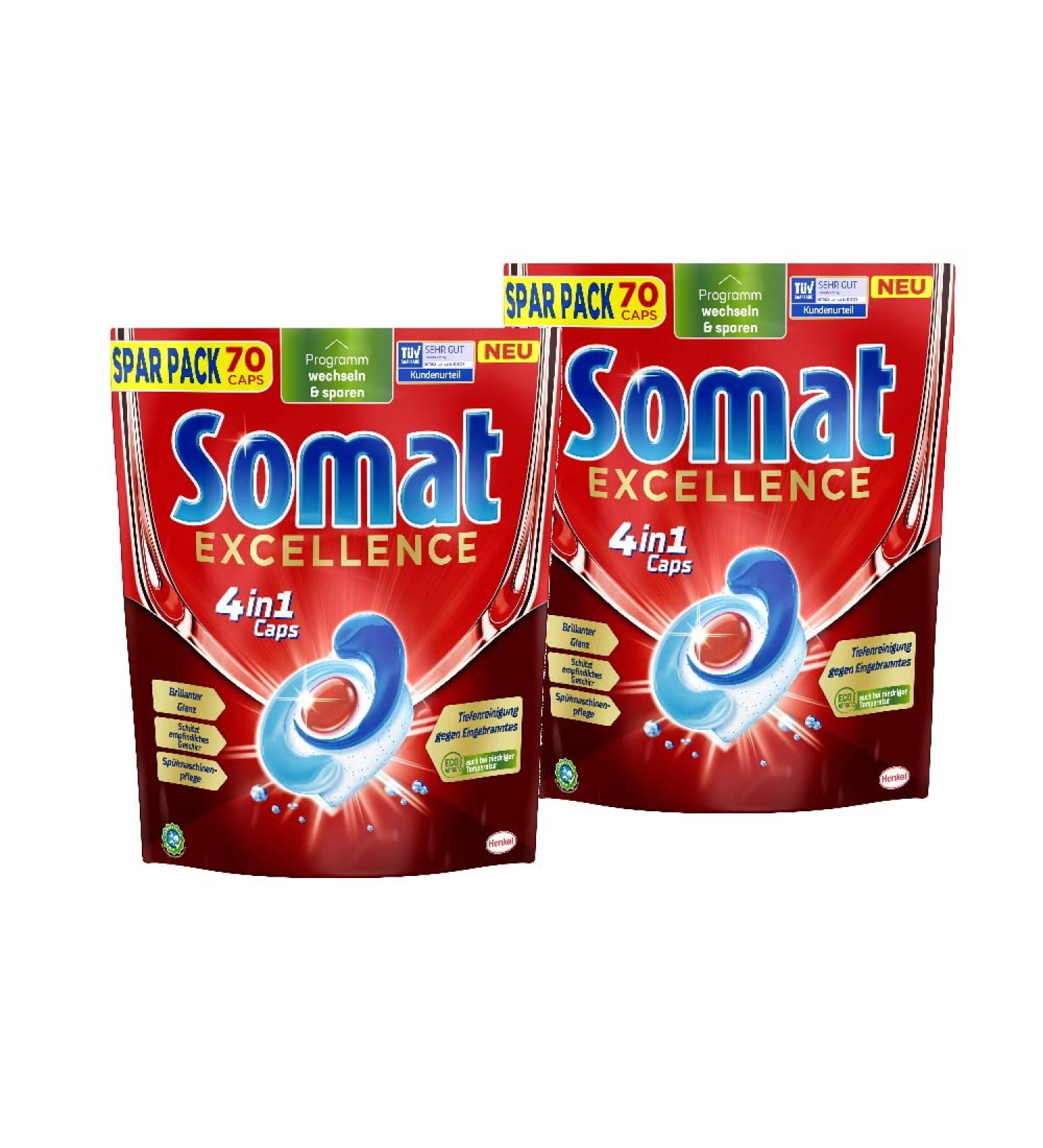 Somat Excellence 4-in-1 Caps (2 x 70 Caps) Quick-Dissolving Dishwasher Tablets Somat Caps for Excellent Cleaning and Shine even in the Eco Program and at Low Temperatures 70 Count (Pack of 2) - Buy Online on GoSupps.com