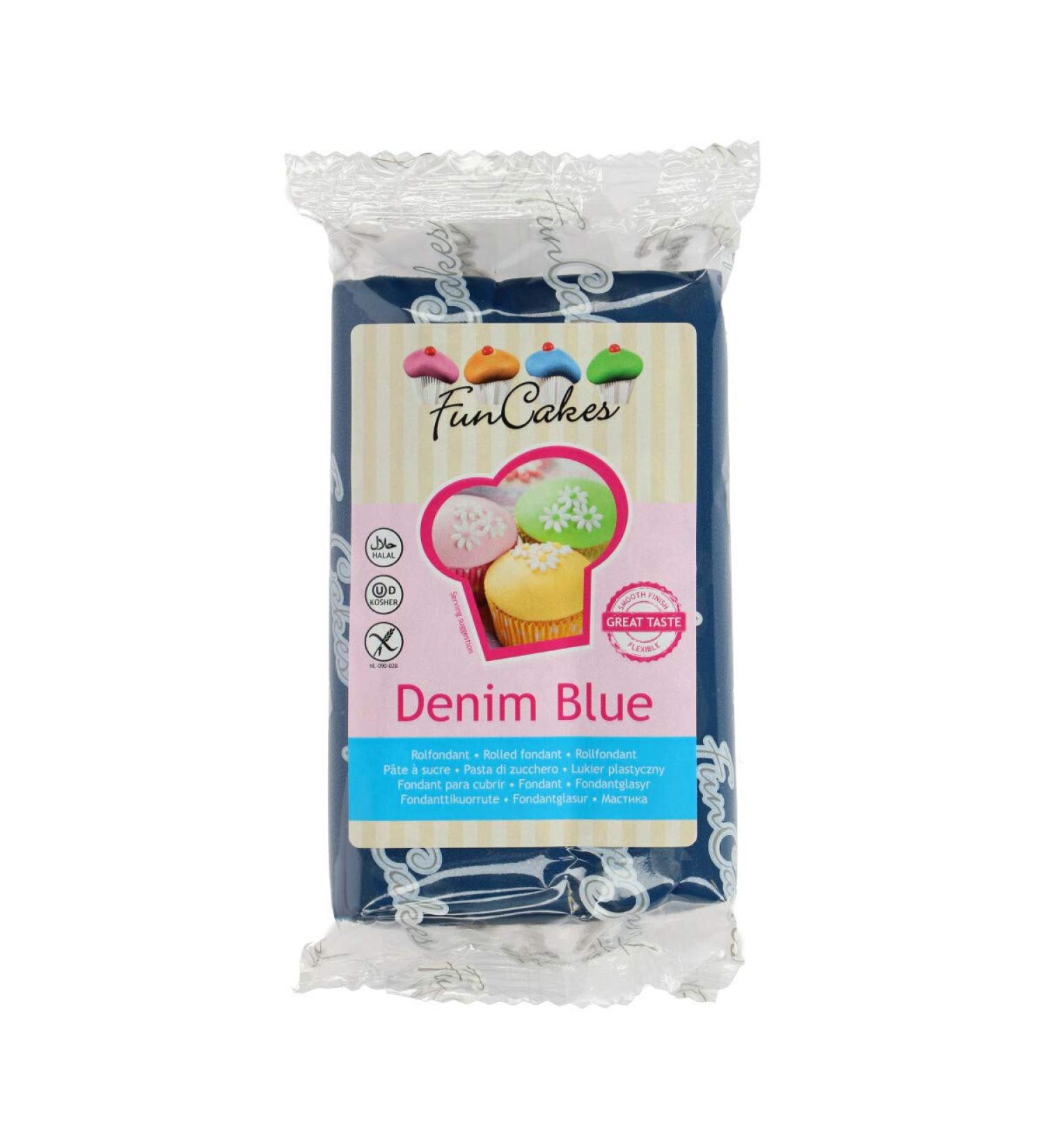 Funcakes Fondant Denim Blue: Jeans Blue Color Easy to use smooth elastic soft and cuddled perfect for decorating cakes halal kosher and gluten -free.250 g
