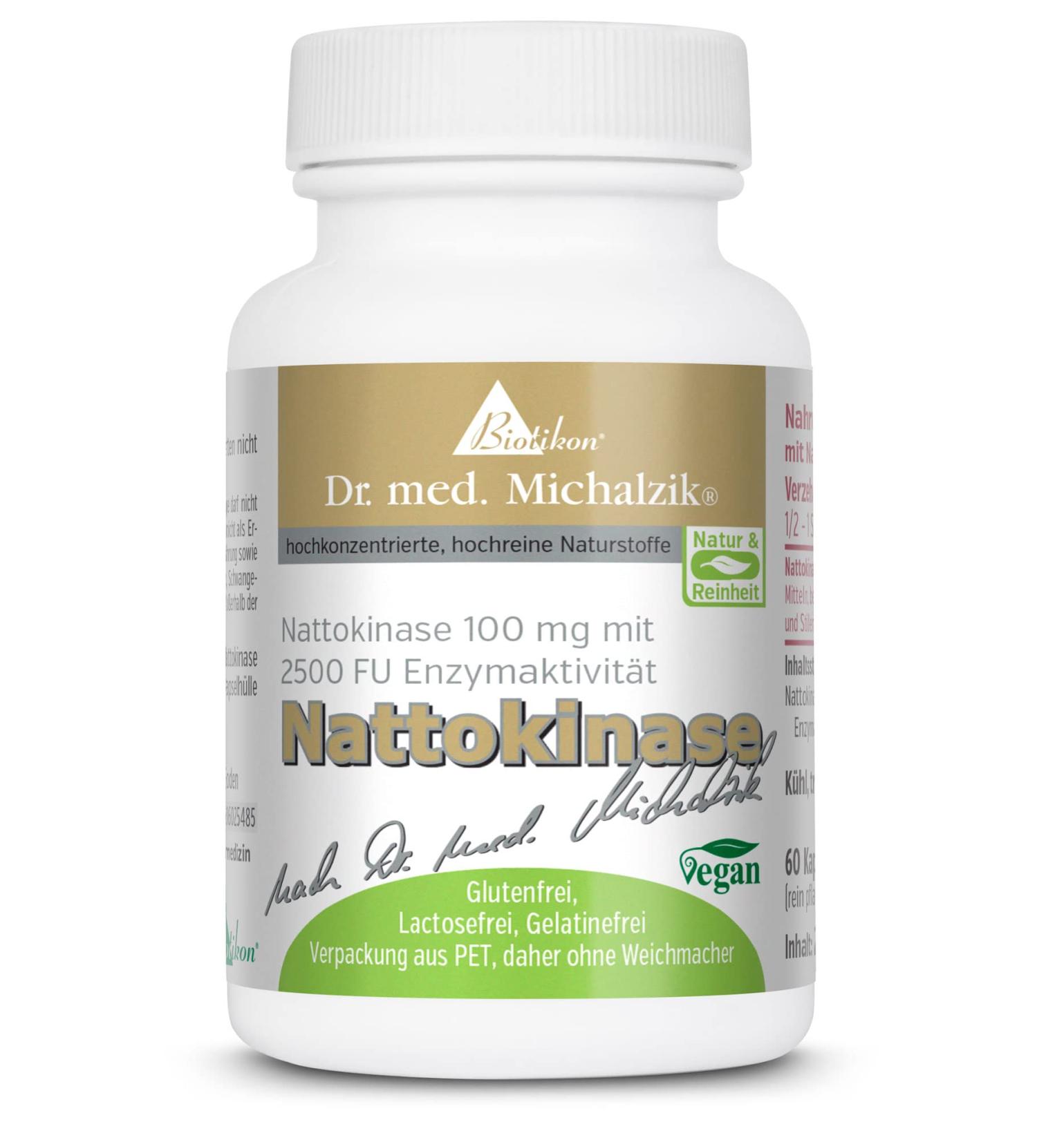 Nattokinase Dr. med. Michalzik - 100mg Daily Dose | Pure Fermented Soybean Extract | 25000 FU/G | 60 Additive-Free Capsules | Biotikon  - Buy Online on GoSupps.com
