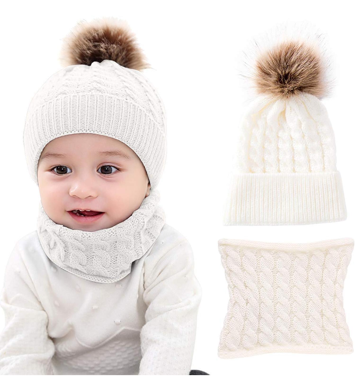 CheChury Toddler Hat and Scarf Set - Baby Knit Pom Beanie Cap with Circle Loop Scarf - White, 1-3 Years - Buy Online on GoSupps.com