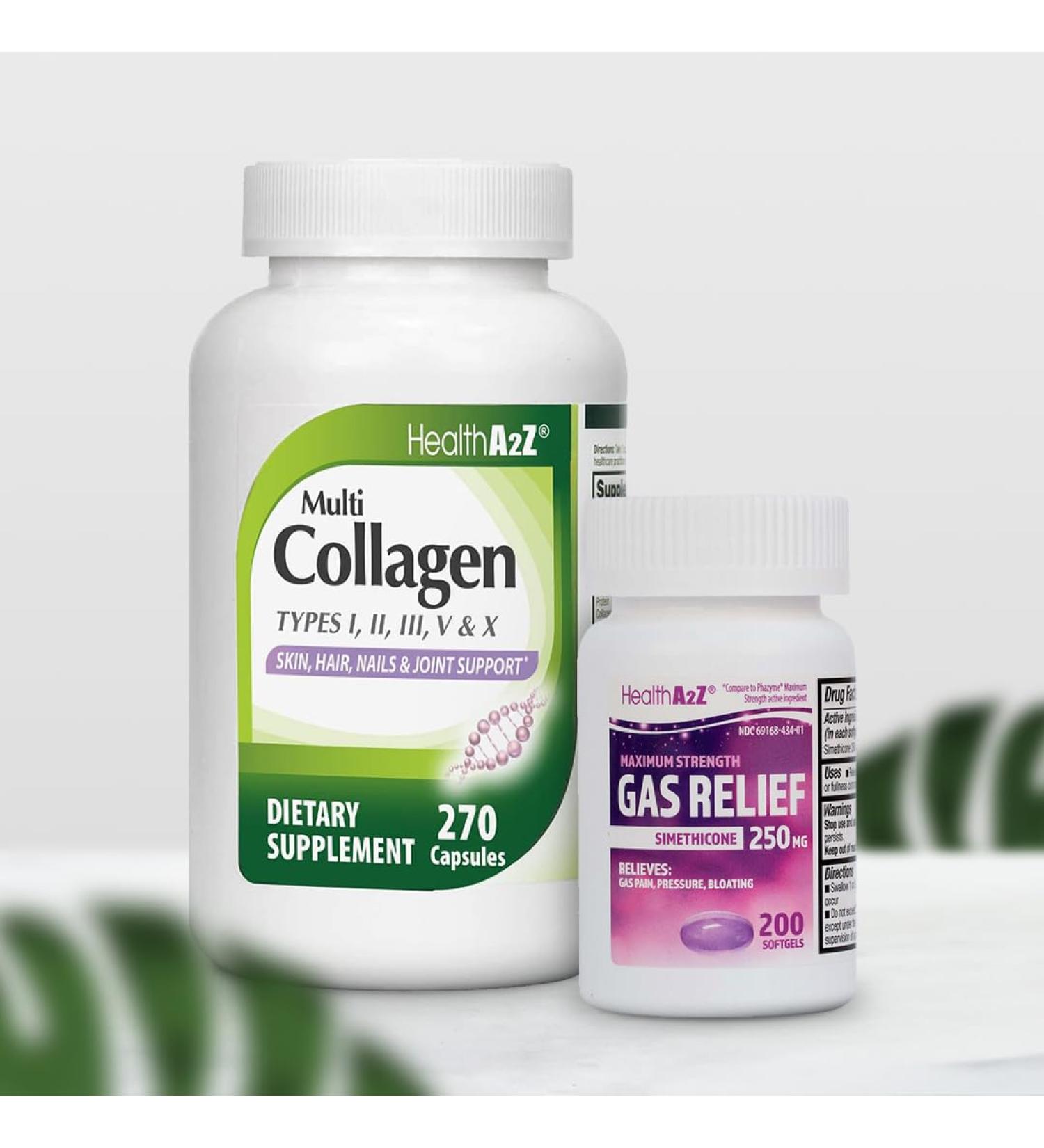 HealthA2Z Super Savings Bundle Deal - Gas Relief Simethicone 250mg (200 Softgels) & Multi Collagen Pills 1735 mg (270 Collagen Capsules) - Buy Online on GoSupps.com