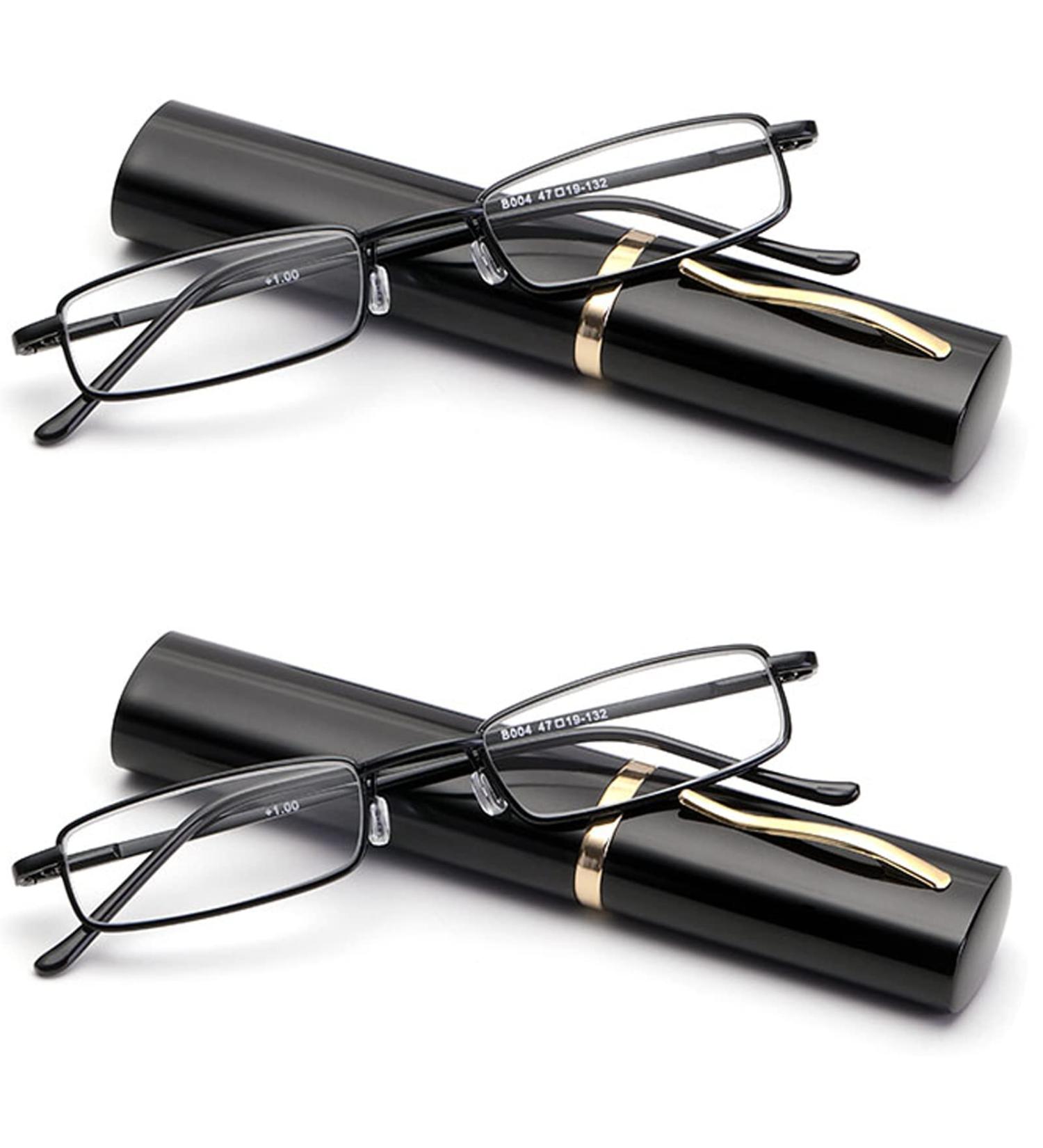 Viseng Slim Mini Metal Reading Glasses - 2 Pairs Lightweight Portable Readers + Case - Black 1.0 Diopters - Buy Online on GoSupps.com