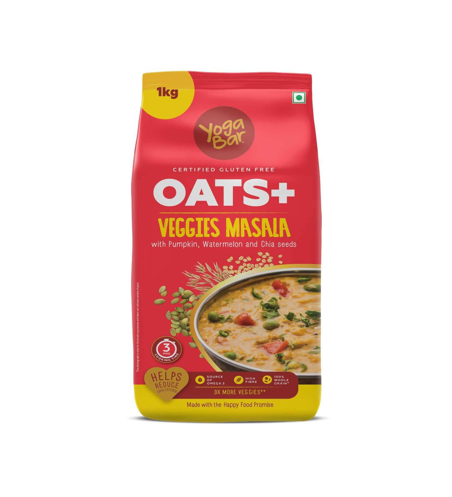 Yogabar Veggie Masala Oats 1Kg | Gluten-Free, Non-GMO Diet Food | With Pumpkin, Watermelon, and Chia Seeds | Helps Reduce Cholesterol | Ideal for Weight Loss - Buy Online on GoSupps.com