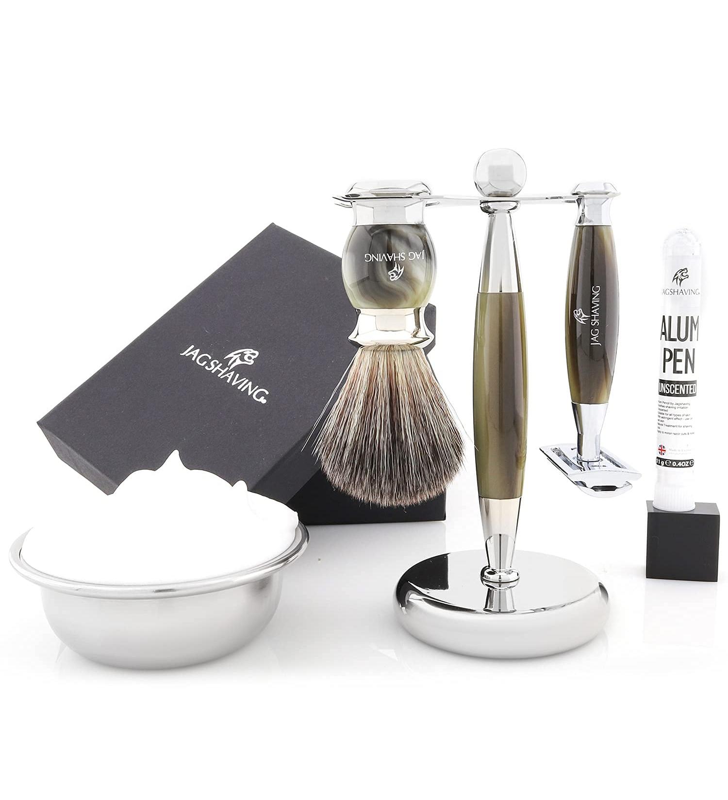 Jag Shaving Jags Lee 3-Piece Shaving Set | Double Edge Razor Synthetic Brush & Elegant Stand - International Shipping Available - Buy Online on GoSupps.com