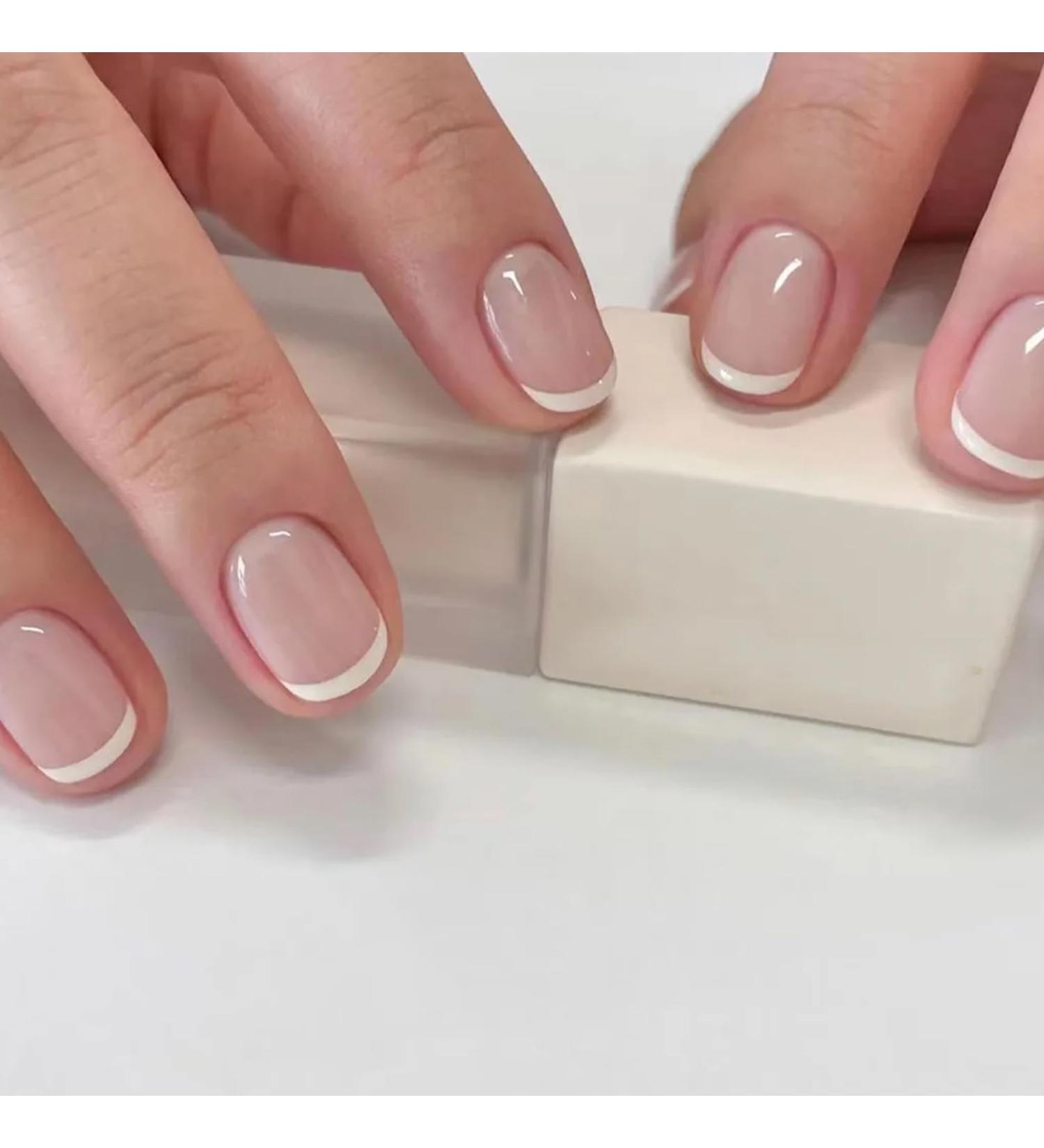 French False Nails Short 24Pcs Nude & White Press On Nails | Full Cover Stick On Nails for Women & Girls - Nail Art French Short - Buy Online on GoSupps.com