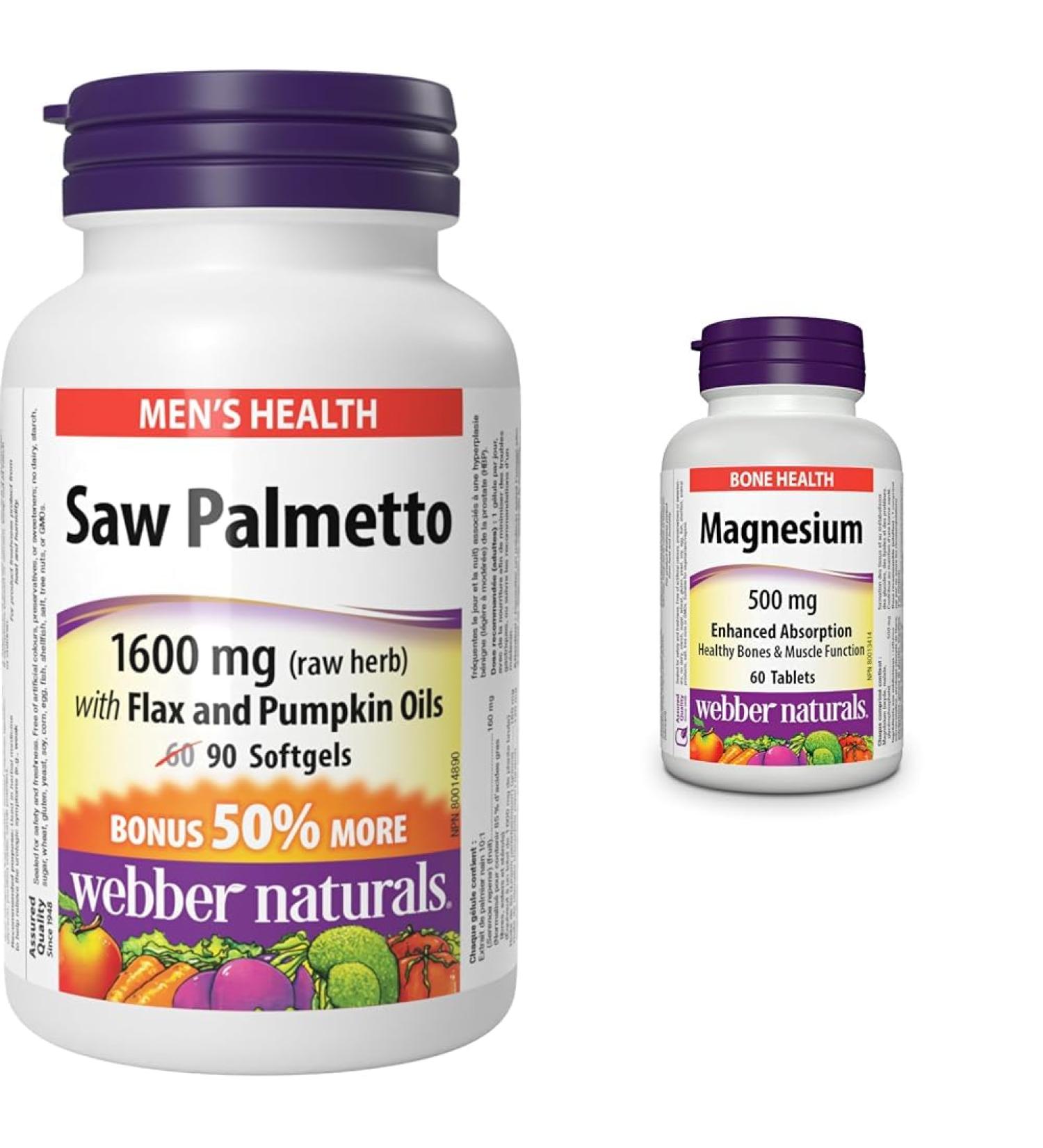 Webber Naturals Saw Palmetto 160 mg Contains Flax and Pumpkin Oil 90 Softgel & Magnesium 500 mg 60 Tablets Enhanced Absorption Mineral Supports Bone and Muscle Functions Vegan Saw Palmetto+ Magnesium 500 mg - Buy Online on GoSupps.com