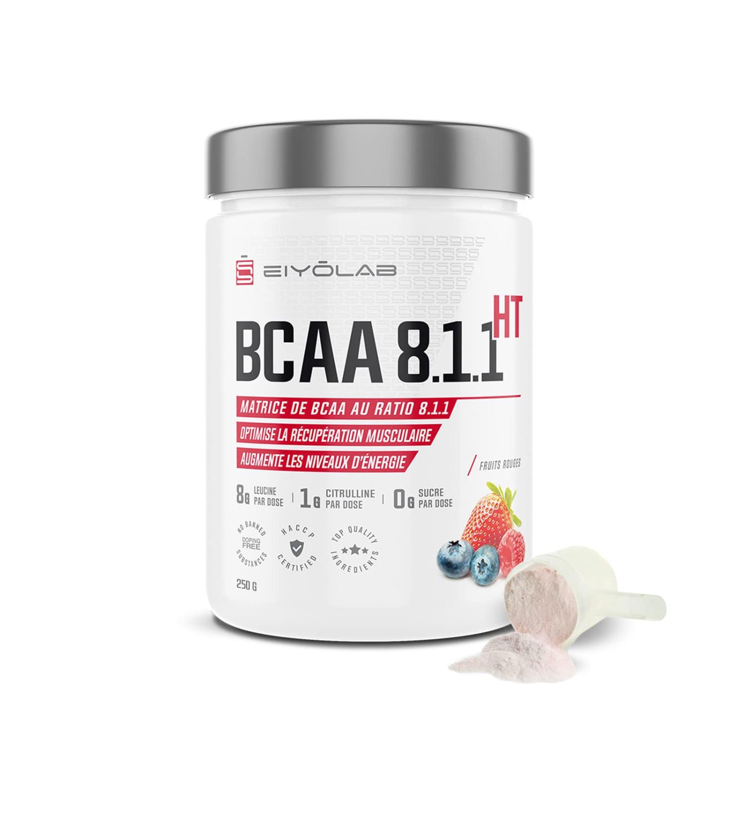BCAA 8.1.1 | Amino Acids Powder | 8 g Leucine + 1 g Citrulline per Dose | Building and Muscle Recovery | Effective Against Lactic Acid | Red Fruits 250g Sugar Free | Eiyolab - Buy Online on GoSupps.com