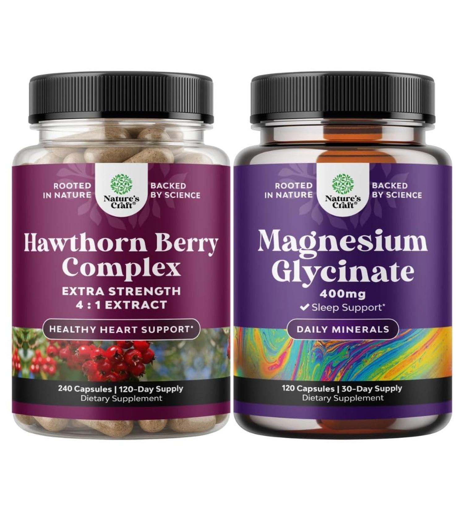 Bundle of High Strength Hawthorn Berry Capsules with Leaf & Flower Extract 4:1 for Healthy Heart & Digestion and Pure Magnesium Glycinate 400mg Per Serving - Vegan High Absorption Chelated Magnesium - Buy Online on GoSupps.com