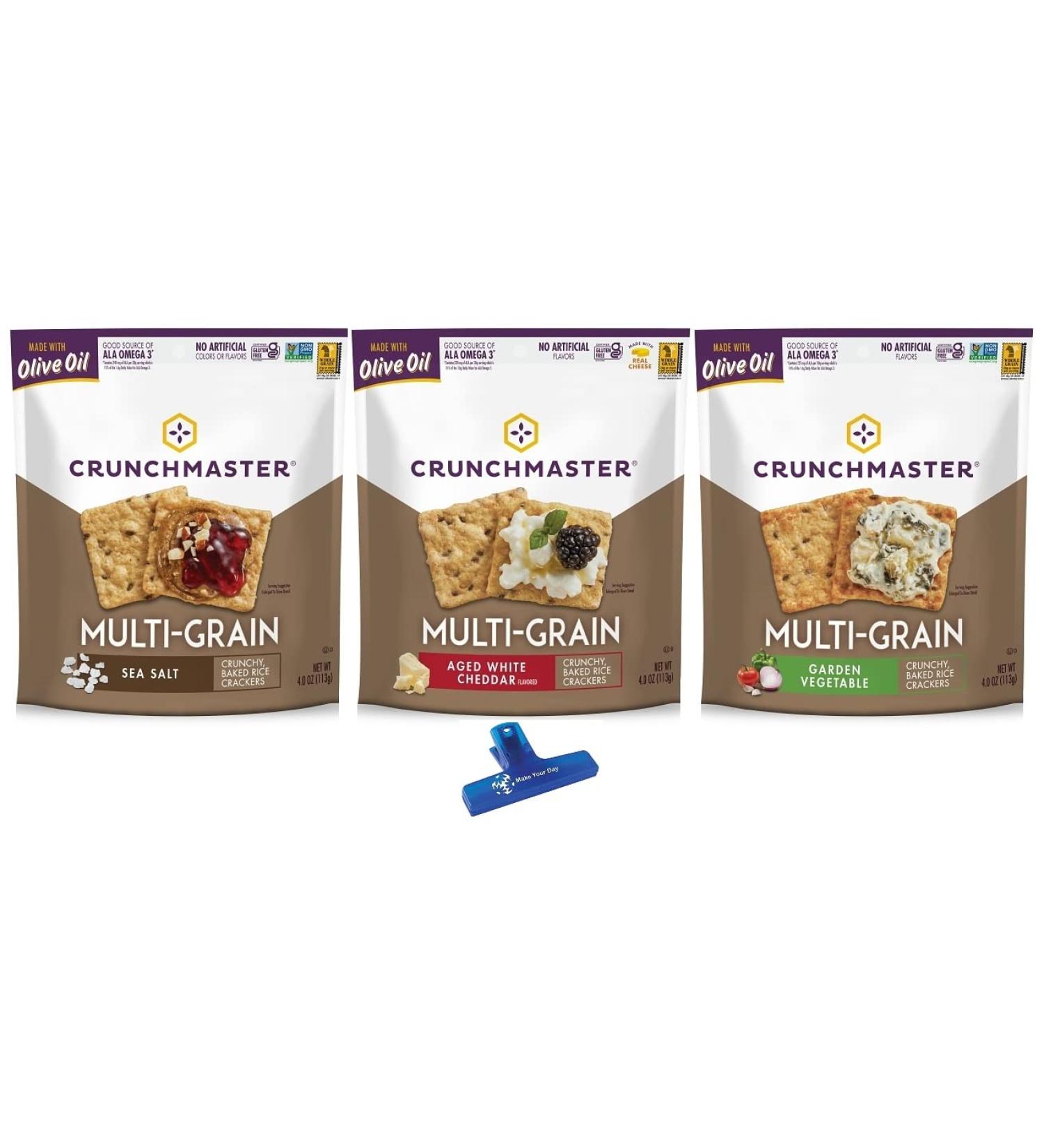 Crunchmaster Multi-Grain Crackers Variety Pack 12 oz - Sea Salt, Aged White Cheddar, Garden Vegetable - Includes Make Your Day Bag Clip - Pack of 3 - Buy Online on GoSupps.com