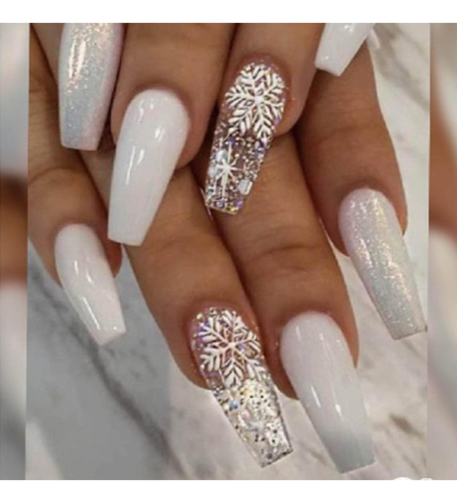 Buffenia Artificial Fingernails - Long Coffin Ballerina Acrylic Nails with Glitter & Snowflake Design | 24 Pieces for Women & Girls - Buy Online on GoSupps.com