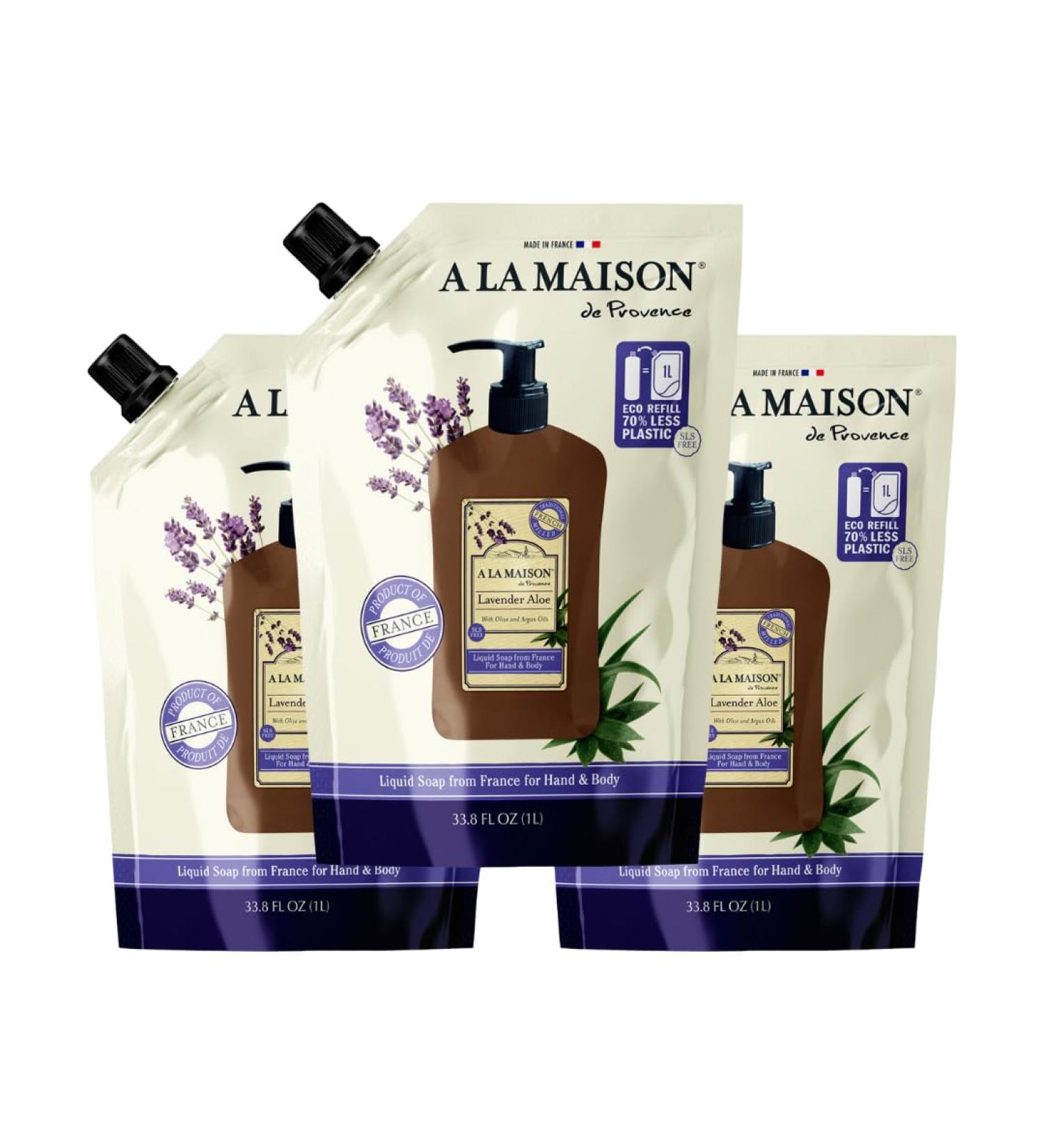A LA MAISON French Liquid Hand Soap RefilL - Natural Hand Wash Made with Essential Oils - Biodegradable, Plant-Based, Vegan, Cruelty-Free (33.8 Fl Oz Pouch (3 Pack), Lavender Aloes) - Buy Online on GoSupps.com