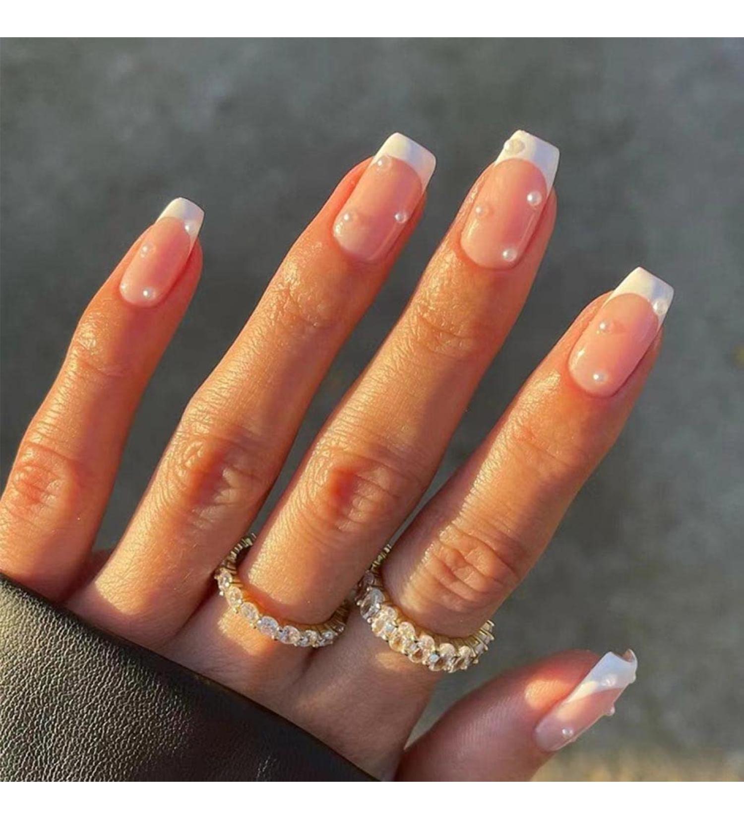 Foccna Square Press On Nails - Medium Pearl White Acrylic French Nail Set - 24 Glossy Artificial Nails for Women & Girls - Buy Online on GoSupps.com