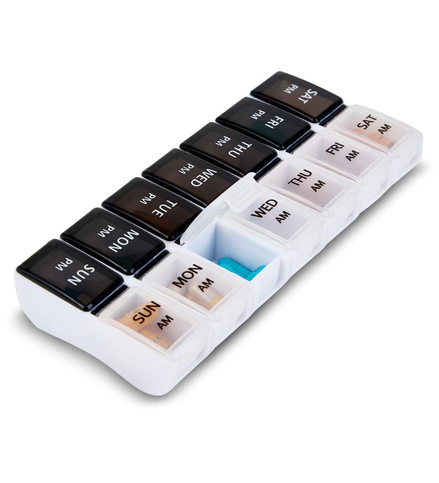 Weekly Pill Organizer - 7-Day Detachable Pill Box for Vitamins Fish Oil & Medications - Travel Friendly Black & White Design - Buy Online on GoSupps.com