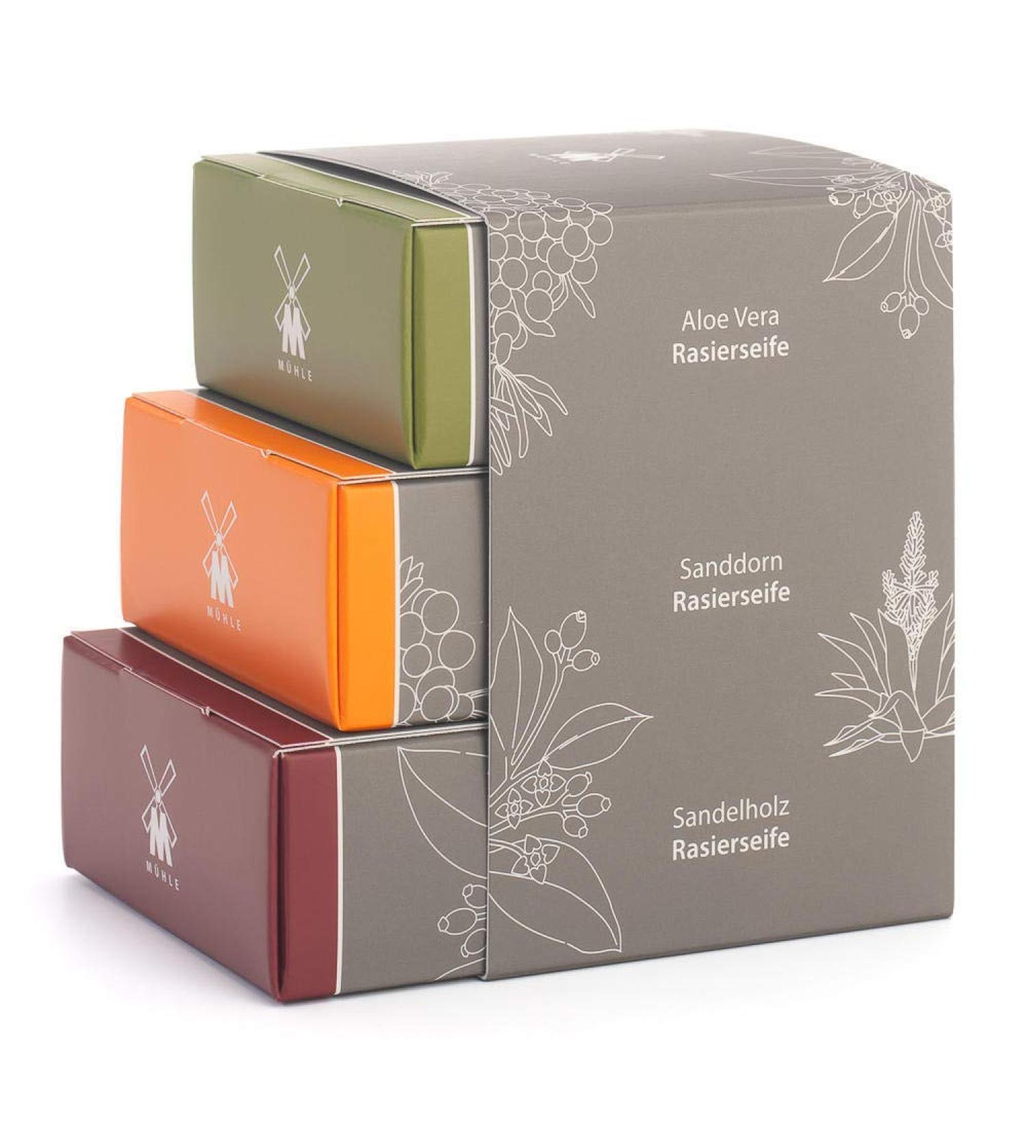 MHLE Shave Care Shaving Soap Trio - Aloe Vera, Sea Buckthorn, Sandalwood | Luxury Shaving Soaps for Men | Rich Lather, Lightly Scented - 75g - Buy Online on GoSupps.com