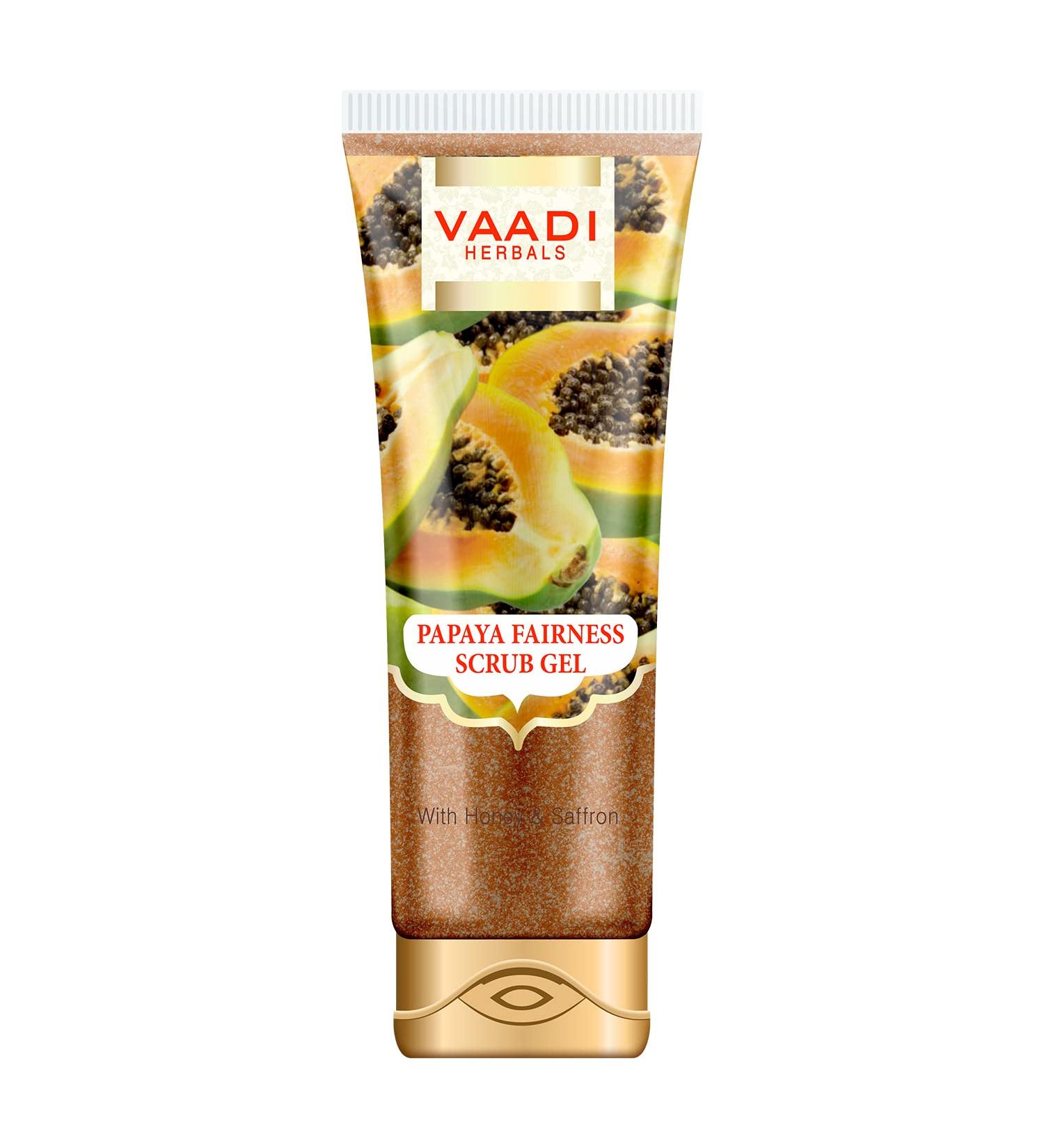 Vaadi Herbals Papaya Fairness Scrub Gel with Honey & Saffron - 110g | Natural Skin Brightening Exfoliator for Glowing Skin - Buy Online on GoSupps.com