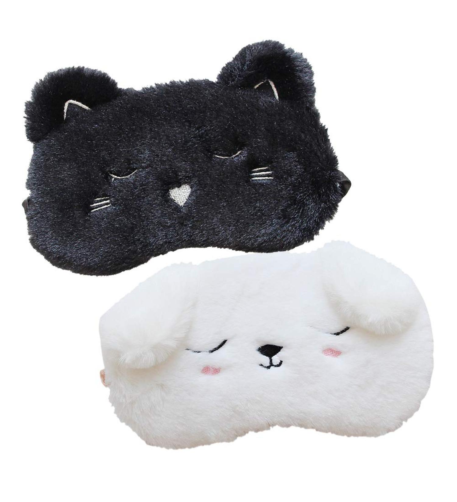 Shinywear 2 Pcs Cute Sleepping Eyemask Black Cat & White Dog Animal Cartoon Style Silk Feeling Plush Eye-Shade Cover Blinder - Buy Online on GoSupps.com