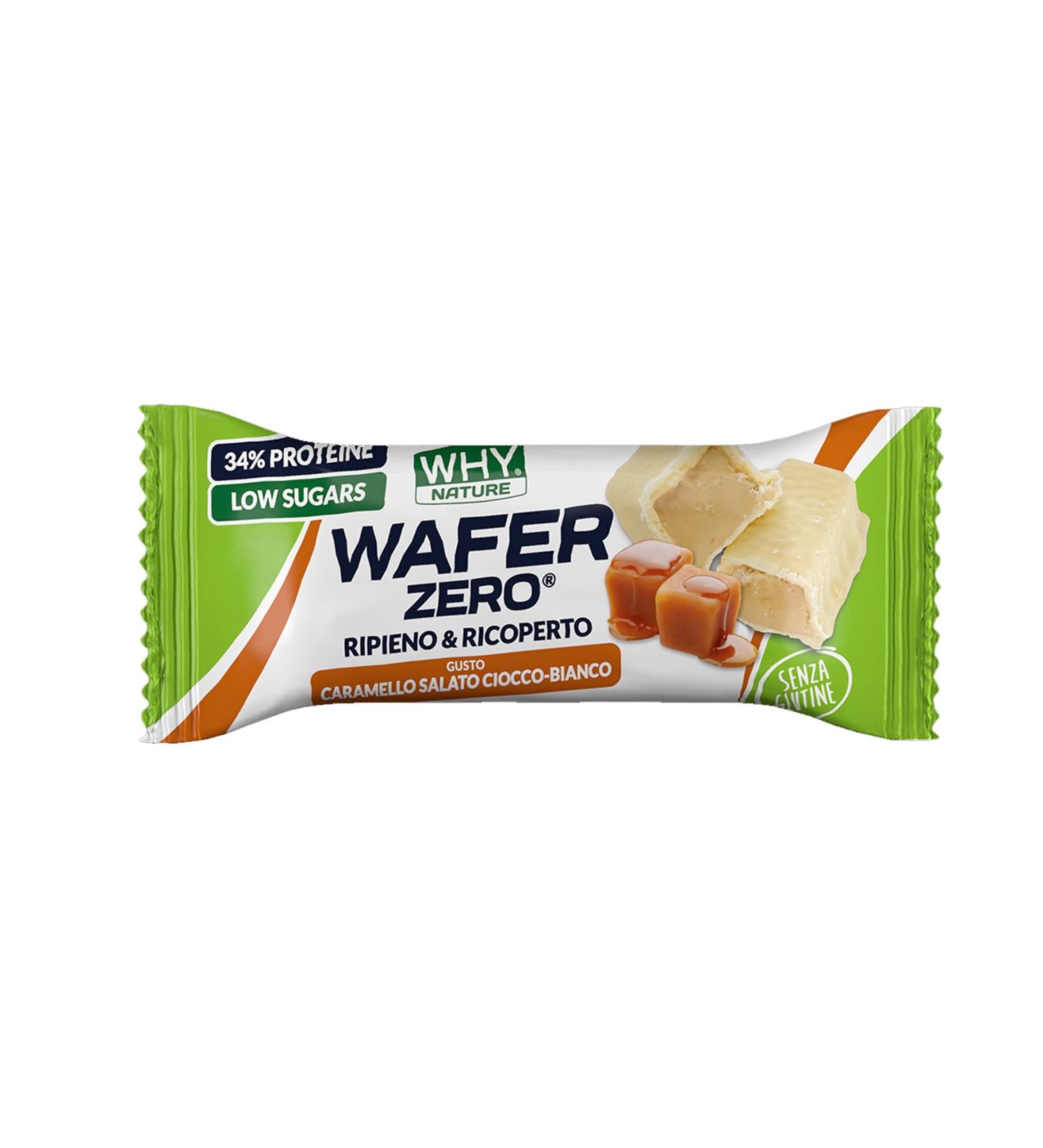 WHY SPORT WAFER ZERO stuffed & covered. Salted caramel covered with white chocolate. 35 g bar.
