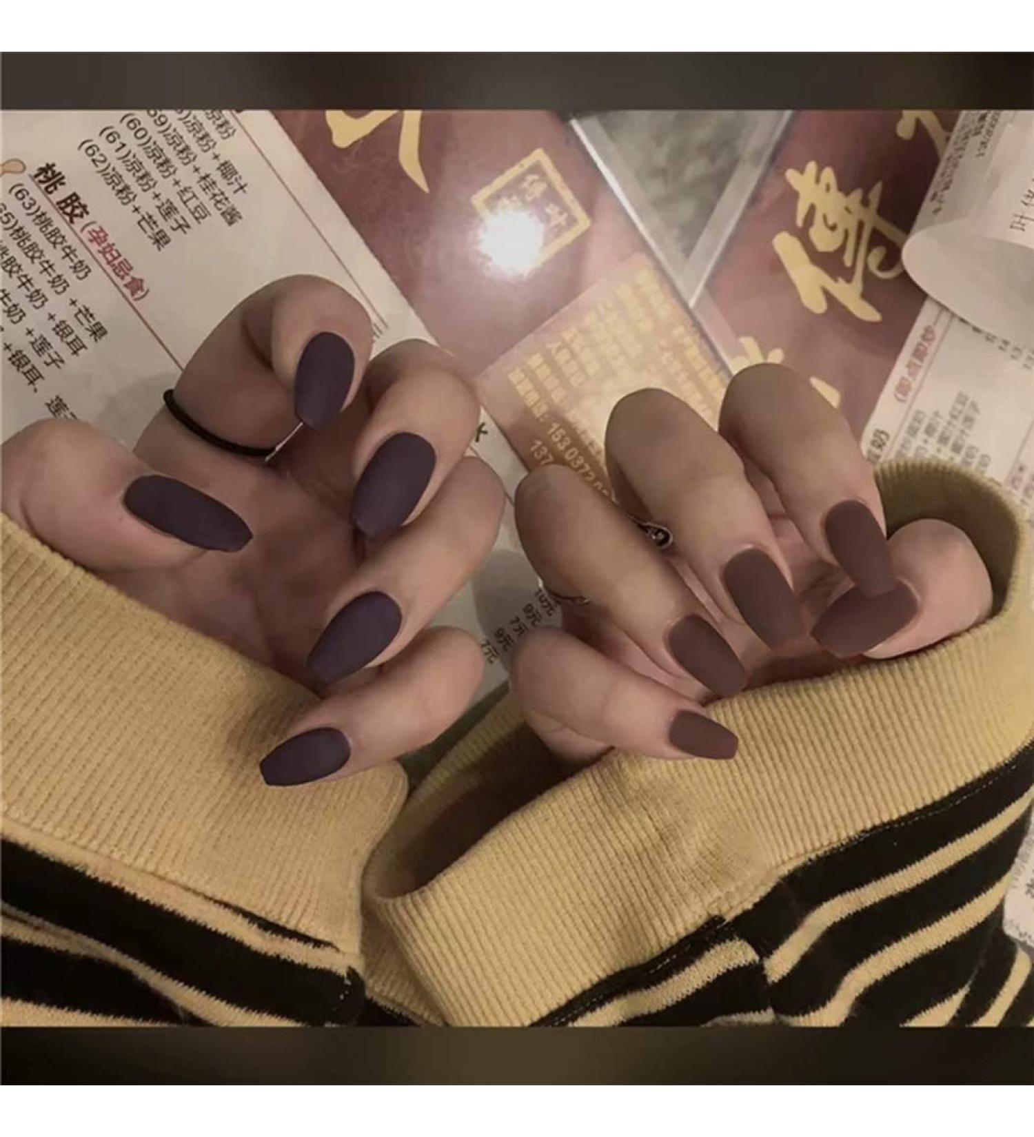 24 Pcs Matte Press on Nails White Long Coffin Fake Nails Artificial Full Cover False Nails for Women and Girls (Dark Brown)